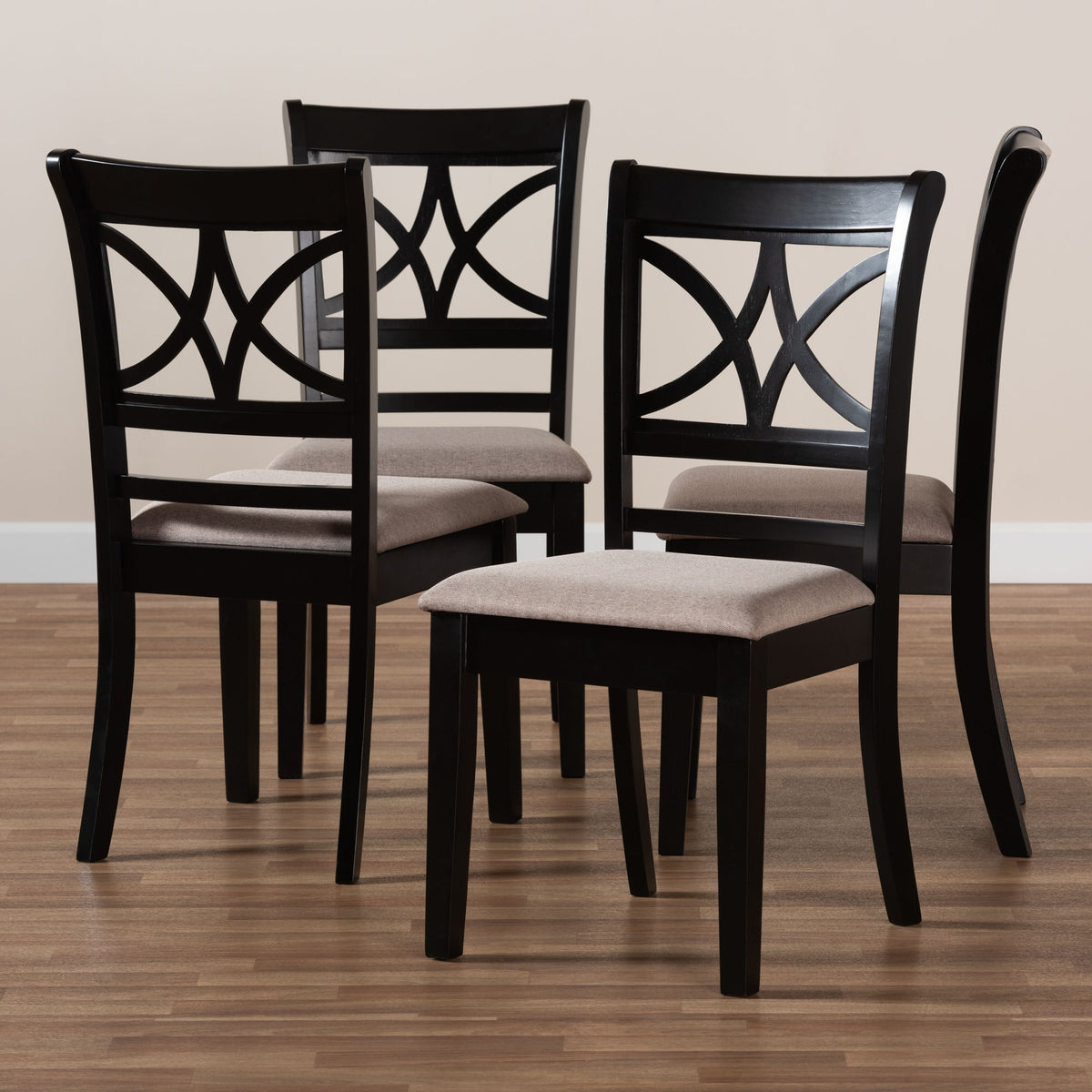 Clarke Modern and Contemporary Sand Fabric Upholstered and Espresso Brown Finished Wood 4-Piece Dining Chair Set