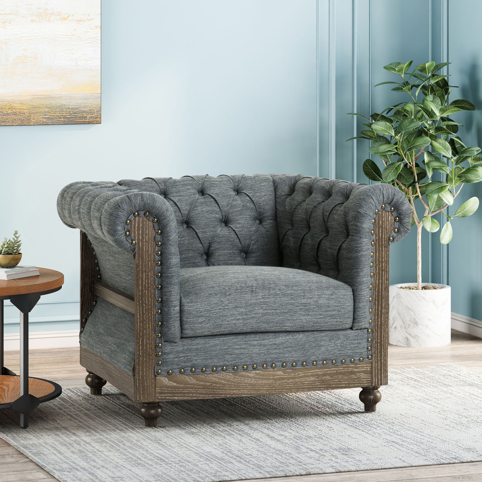 Fabric Upholstered Club Chair With Scrolled Tuxedo Arms