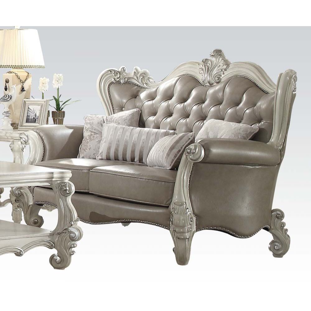 ACME Versailles - Loveseat - Vintage Gray PU & Bone White - 49" | Meri Furniture