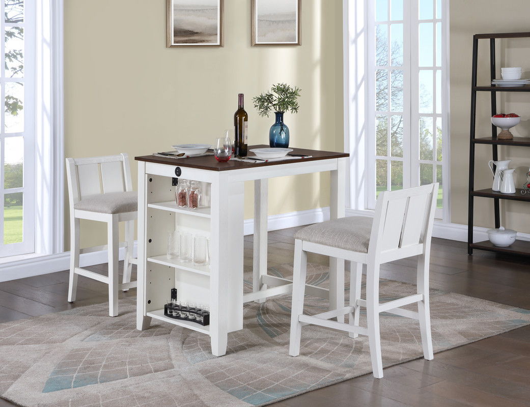 Graham 36" 3-Piece White Finish Small Space Counter Height Dining Table with Shelves and 2 Chairs