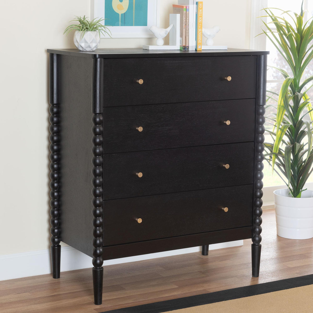 Lucera Mid-Century Black Bobbin Wood 4-Drawer Chest