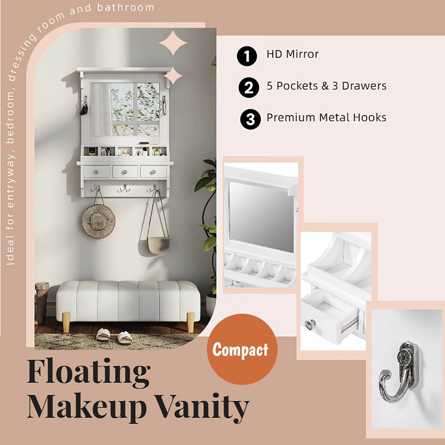 Floating Makeup Vanity With Big Mirror, Wall Mounted Storage Vanity With Drawers, Pockets & Hooks, Space Saving Decorative Home Organizer - White