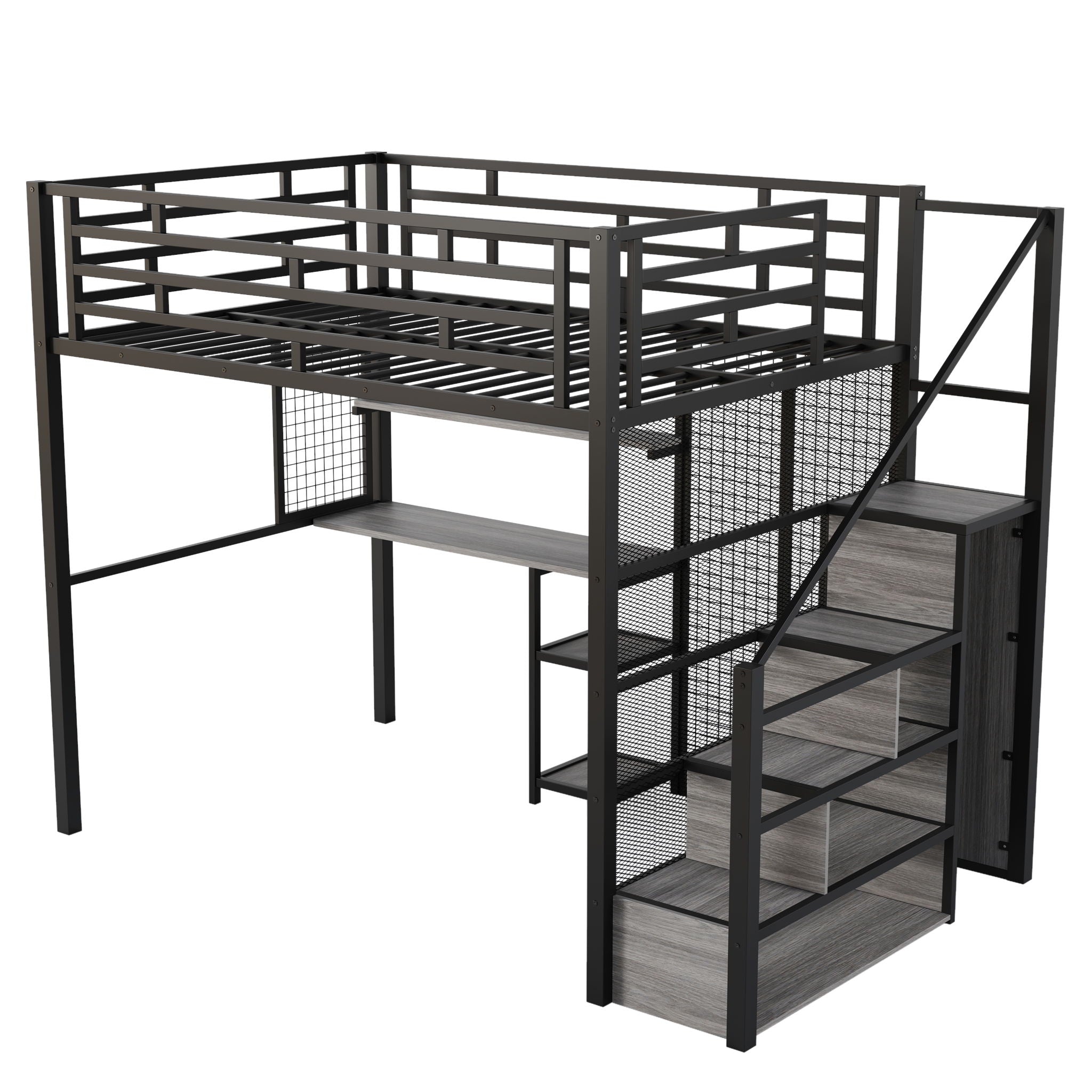 Metal Loft Bed With Wardrobe, Desk, Storage Shelves