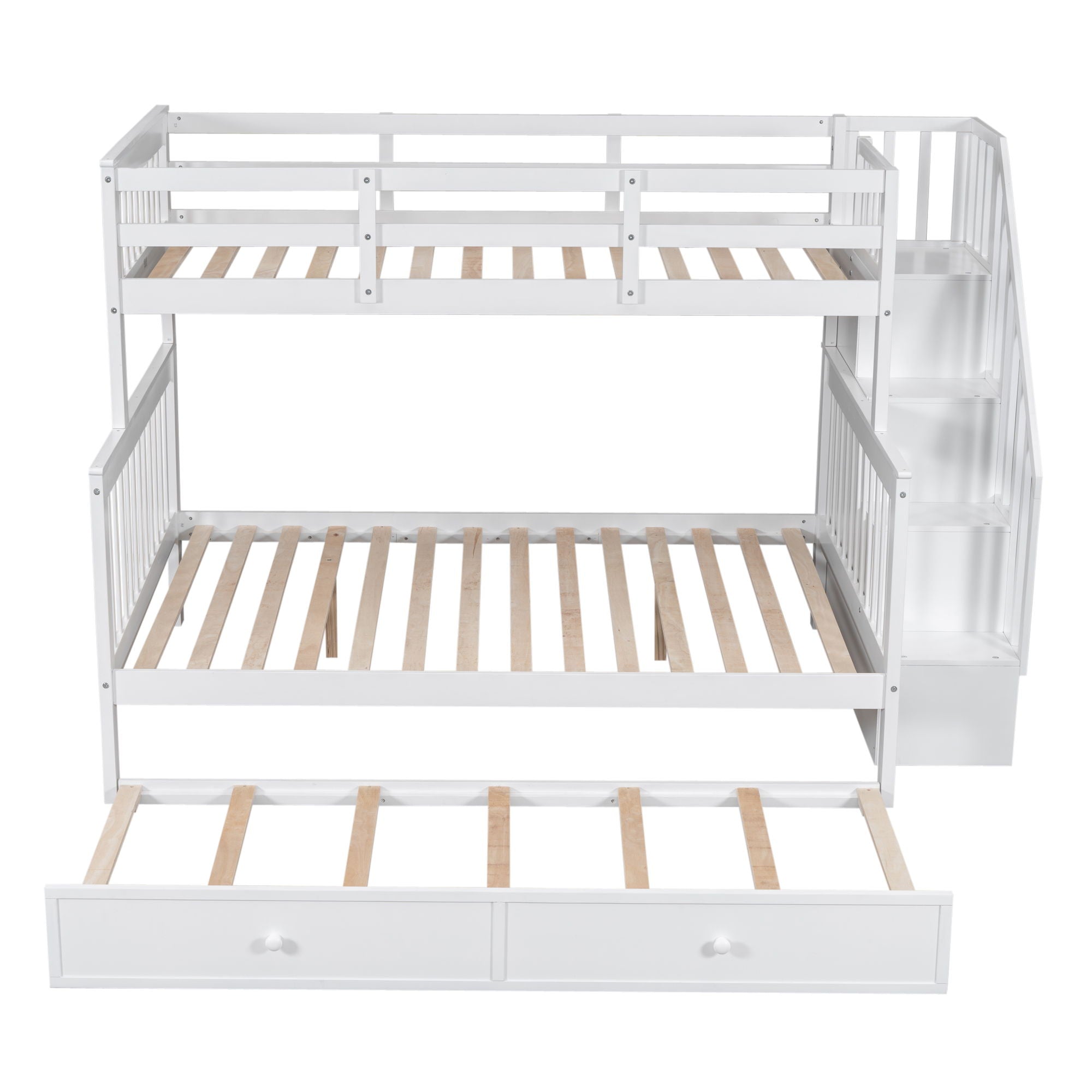Bunk Bed With Twin Size Trundle, Storage And Guard Rail For Bedroom