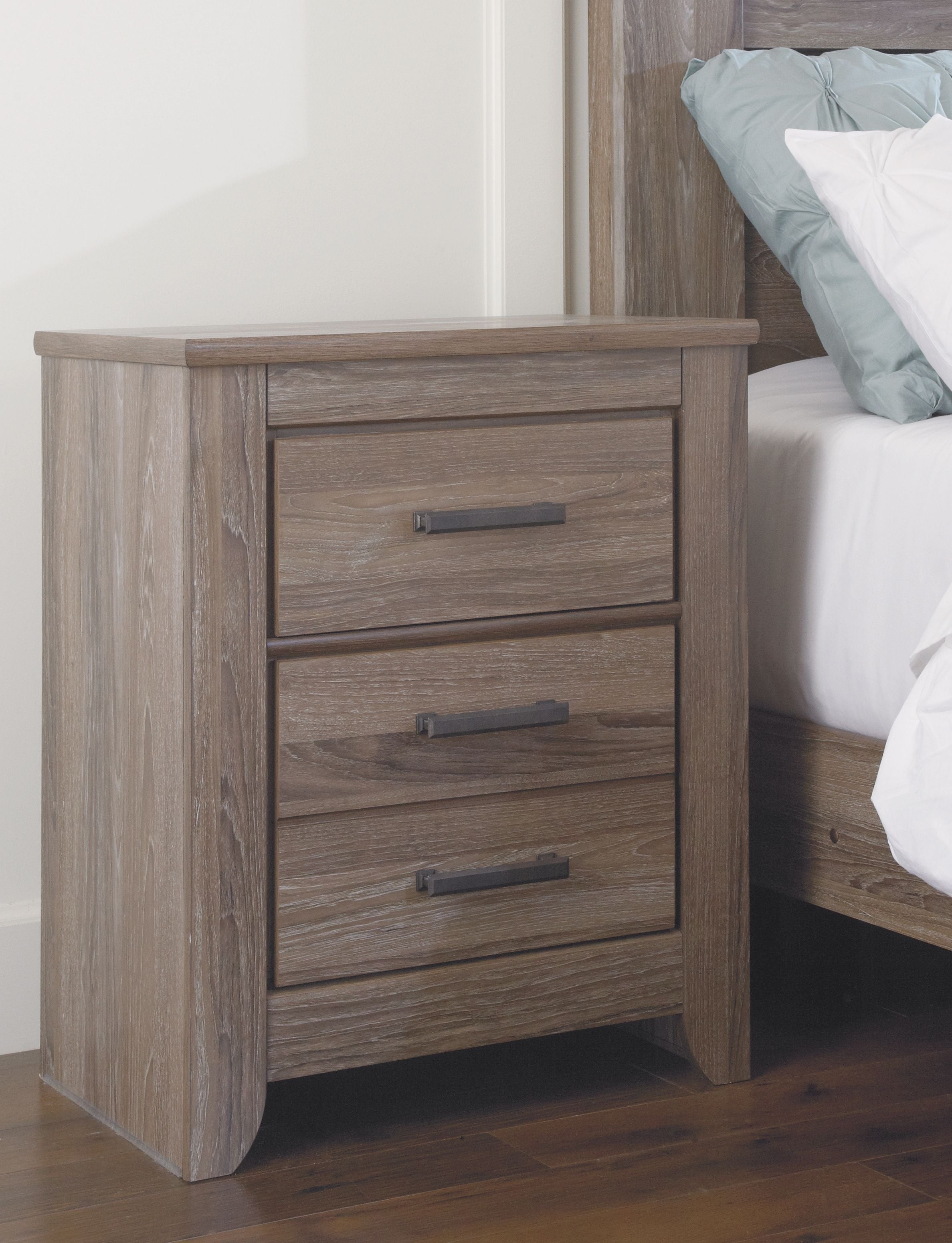 Ashley Furniture Zelen - Warm Gray - Two Drawer Night Stand | Meri Furniture