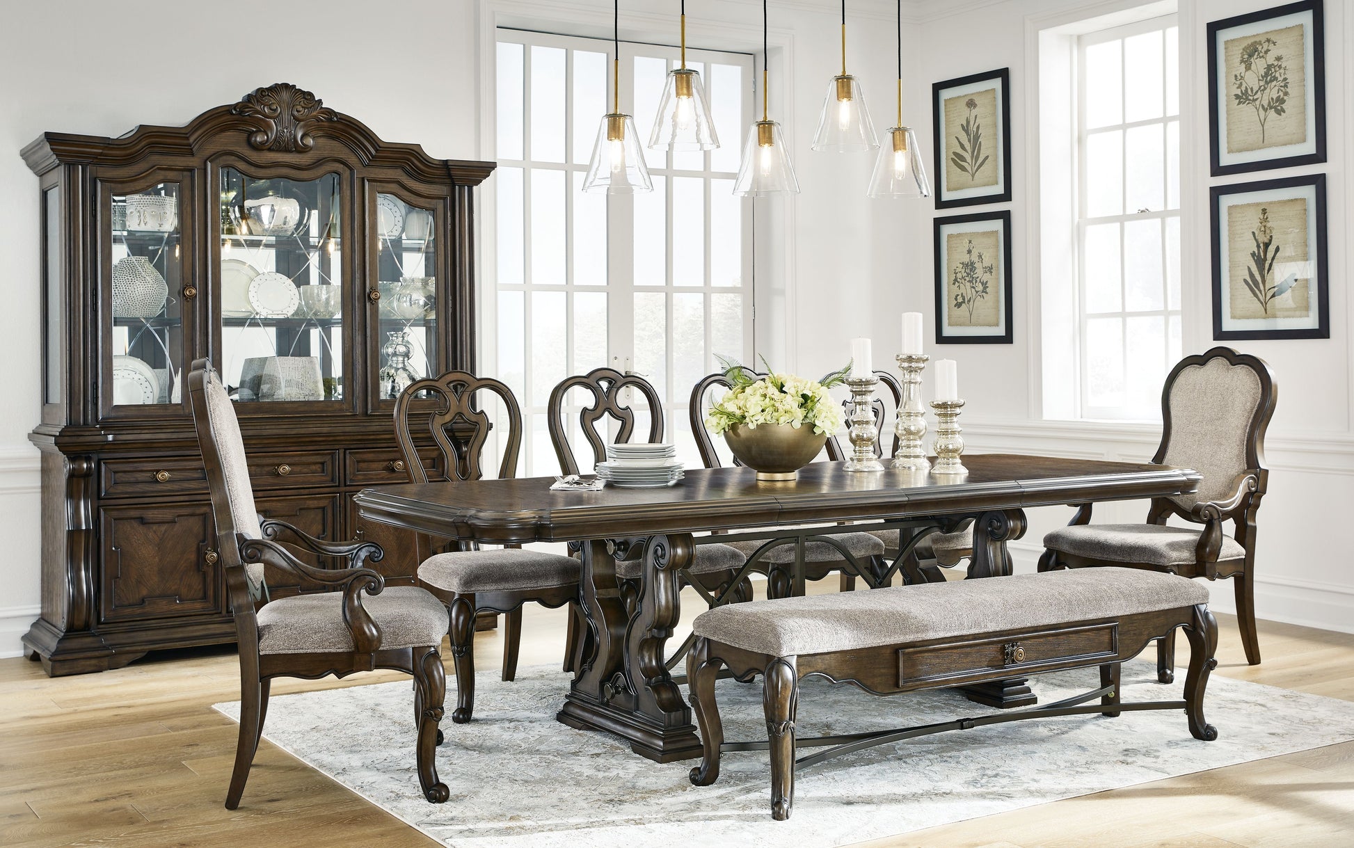Signature Design by Ashley® Maylee - Dark Brown - 11 Pc. - Dining Extension Table, 4 Side Chairs, 2 Arm Chairs, Storage Bench, Buffet And Hutch | Meri Furniture