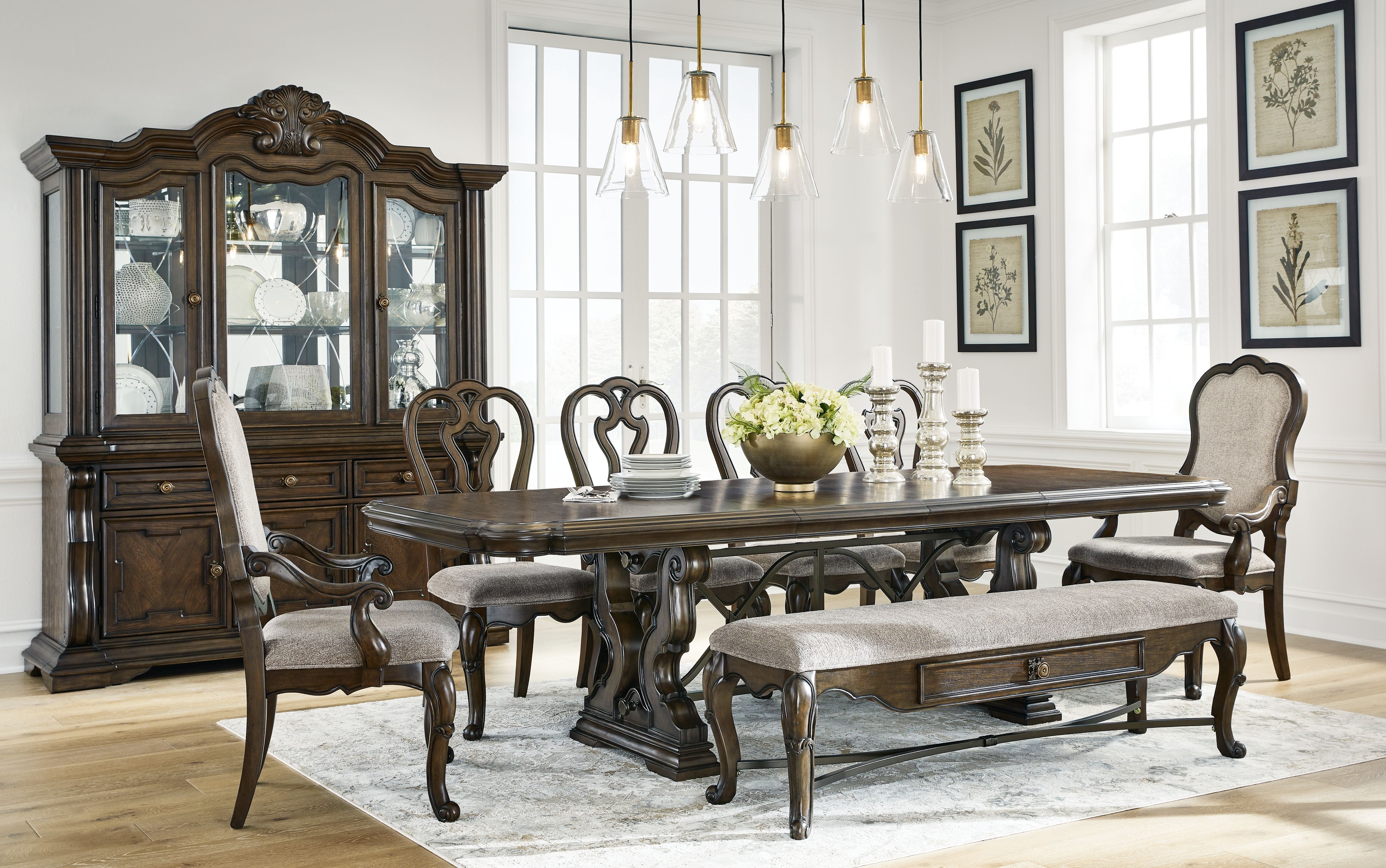 Signature Design by Ashley® Maylee - Dark Brown - 11 Pc. - Dining Extension Table, 4 Side Chairs, 2 Arm Chairs, Storage Bench, Buffet And Hutch | Meri Furniture