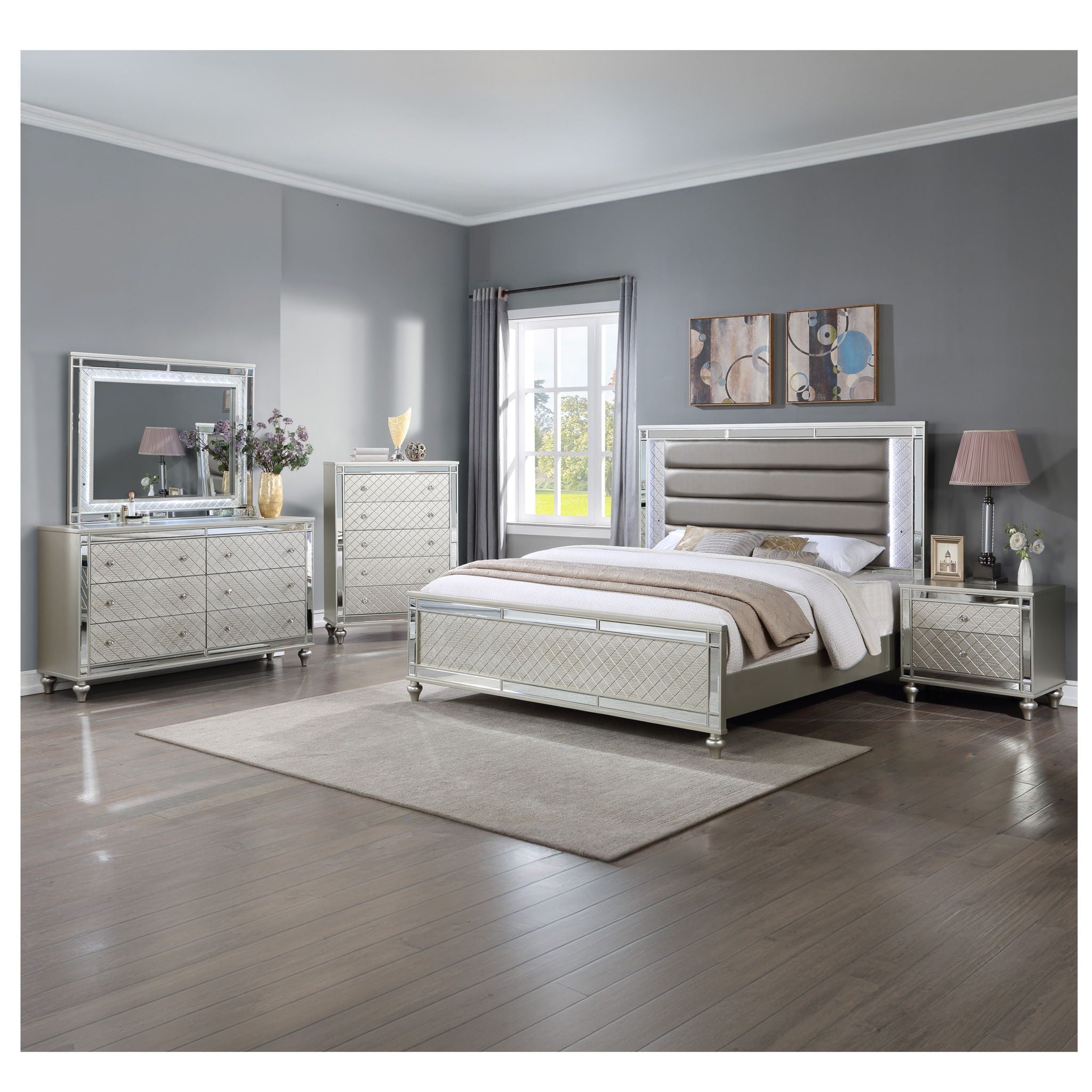 Modern Panel Bed Wit Tufted Design And Integrated LED Lighting
