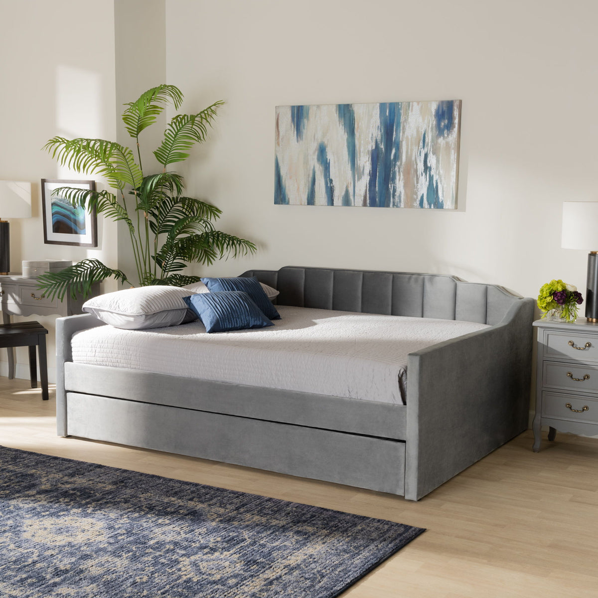 LenNon Modern and Contemporary Grey Velvet Fabric Upholstered Full Size Daybed with Trundle