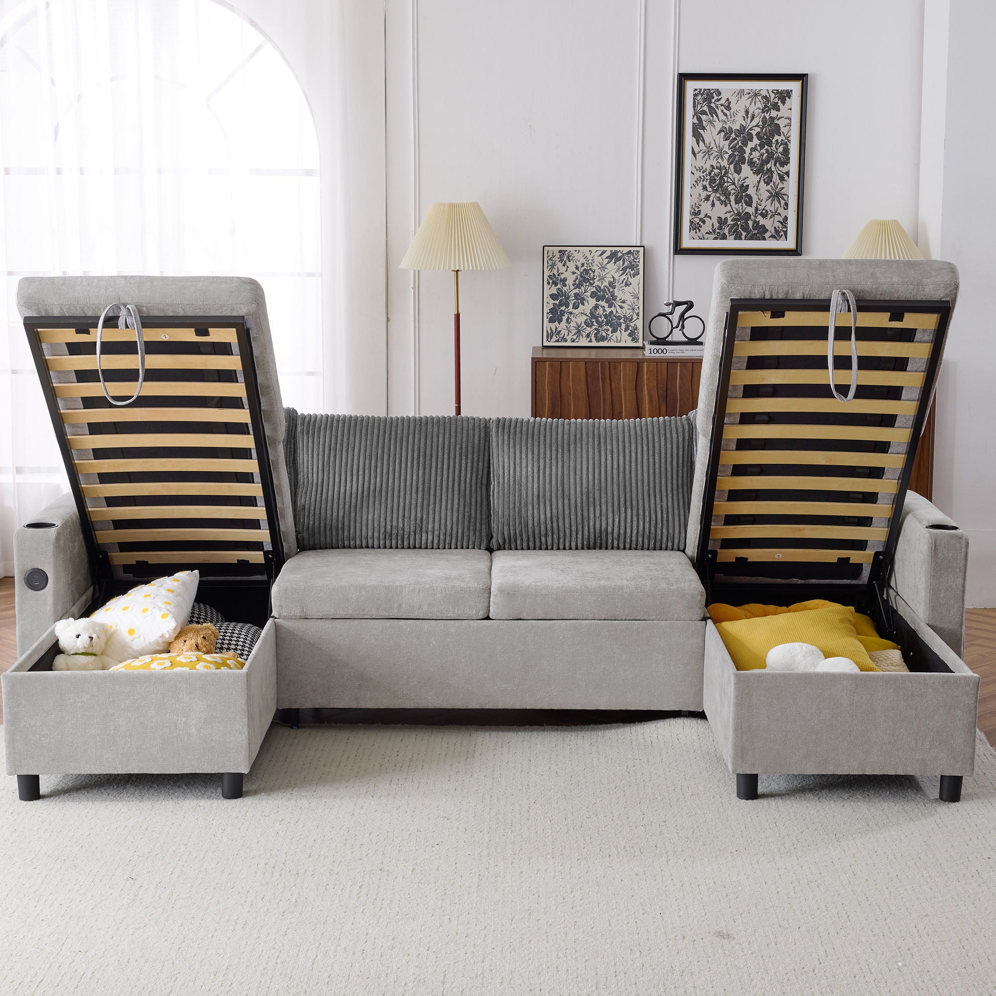 Sectional Sofa Bed With Pull Out Sleeper, USB Ports, Cup Holders