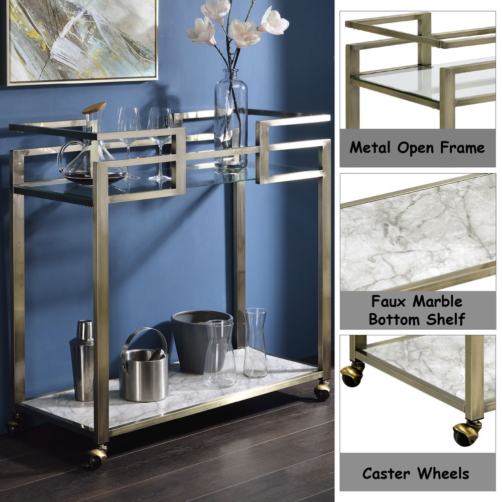 Neilo - Serving Cart - Clear Glass, Faux Marble Top & Wire Brass