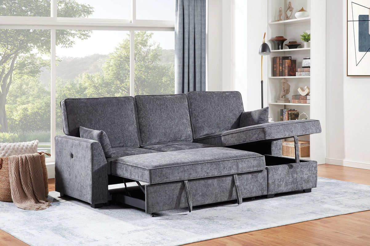Emmy 89"W Dark Gray Fabric Sleeper Sectional Sofa with Reversible Storage Chaise, USB & USB-C Charging Ports, Cupholders, Pillows