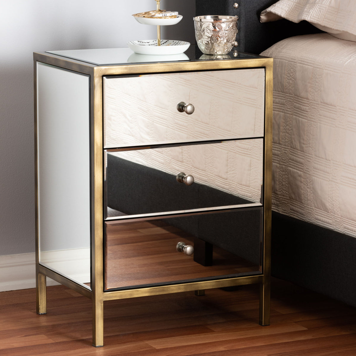 Nouria Modern and Contemporary Hollywood Regency Glamour Style Mirrored 3-Drawer End Table