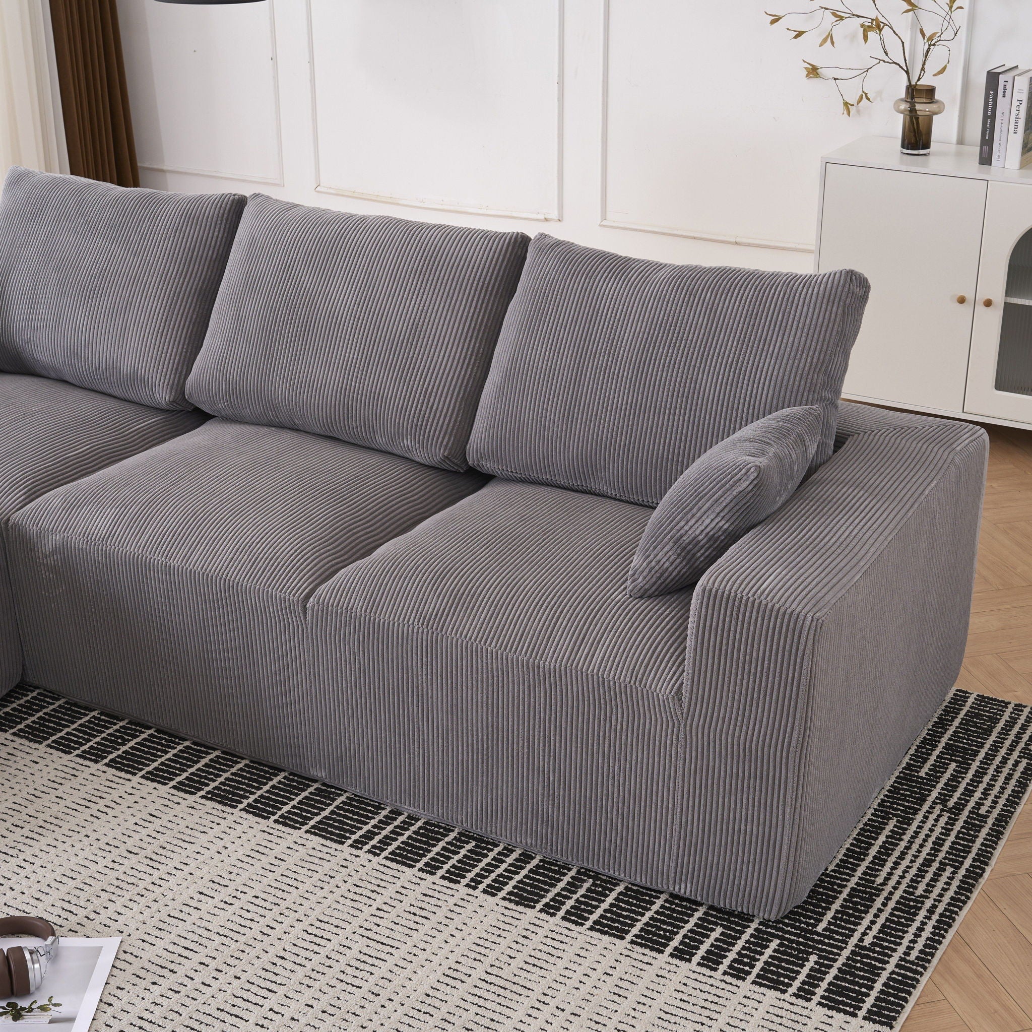 Modular Sectional Sofa With Ottoman, USB And Type C Charger, Petal Armrest Design
