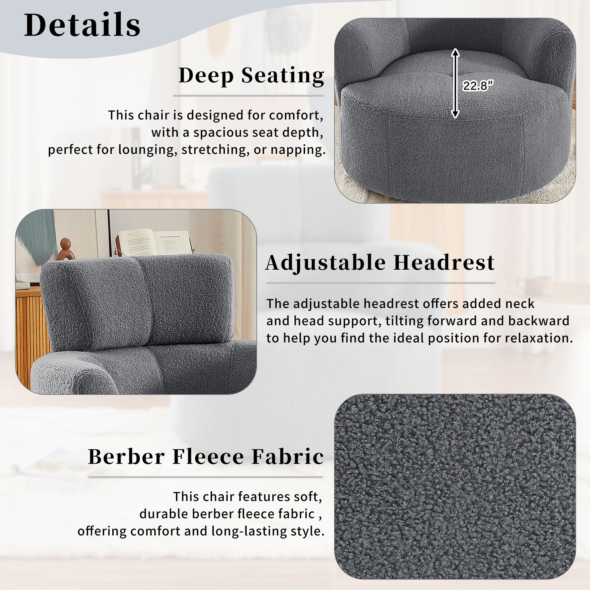 360° Swivel Chair Upholstered Accent Barrel Chair With Adjustable Headrest