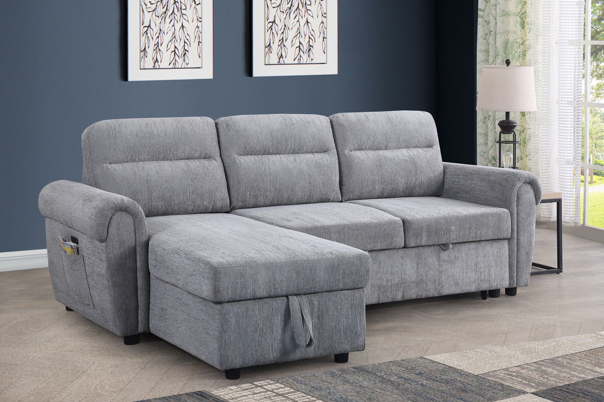 Hugo 97"W Light Gray Chenille Reversible Sleeper Sectional Sofa Chaise with USB Chargers, Phone/Magazine Pockets