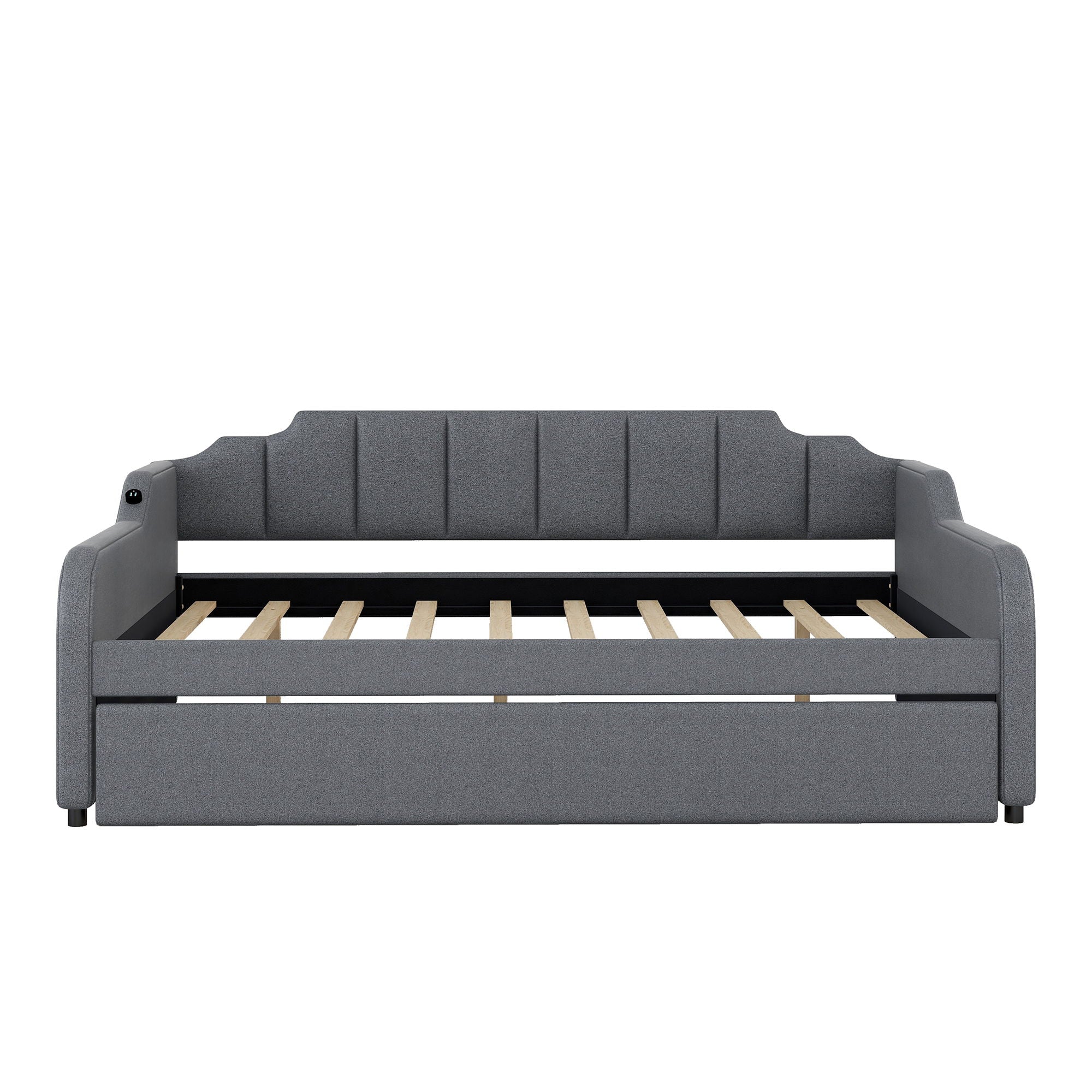 Full Size Upholstered Daybed With Trundle And USB Charging - Gray