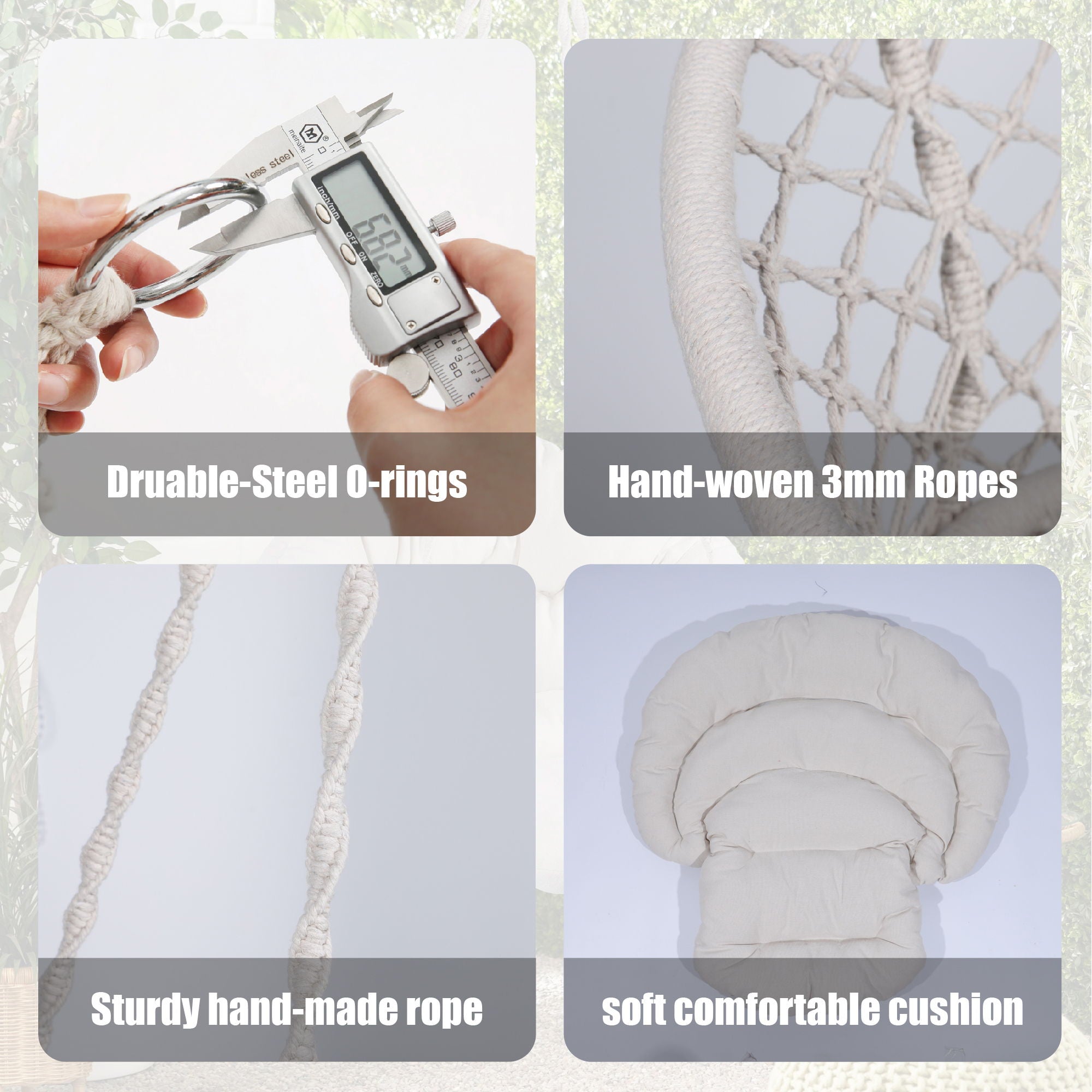 Macrame Hanging Hammock Chair With Cushion, Cotton Rope Swing For Indoor And Outdoor Use, 330 Lbs Capacity - Beige