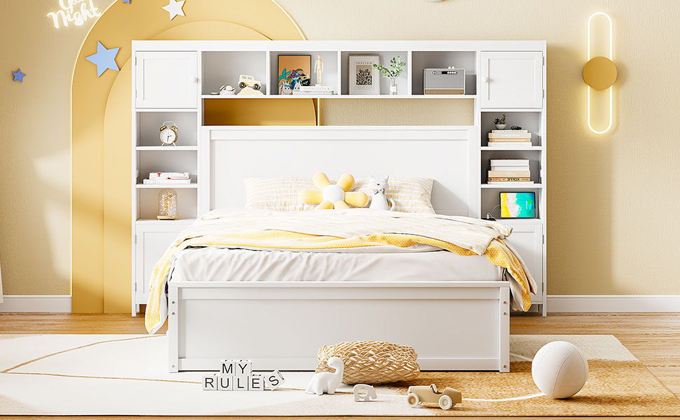 Bed With All In One Cabinet, Shelf And Sockets, Twin Long Trundle