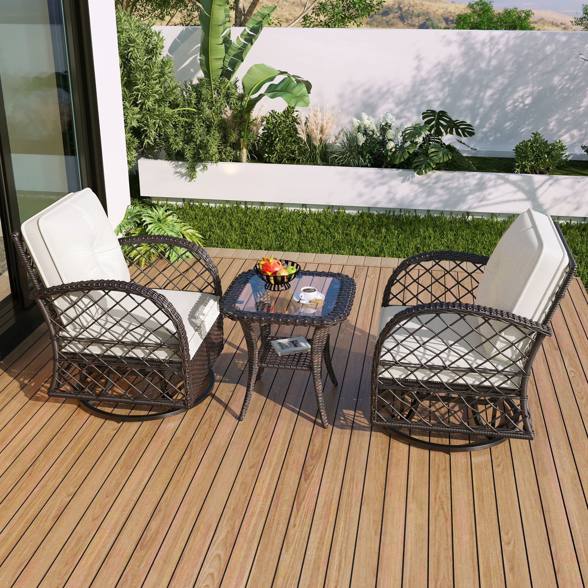 3 Piece Outdoor Chair & Table Set Chat Set, 2 Person Rattan Seating Group
