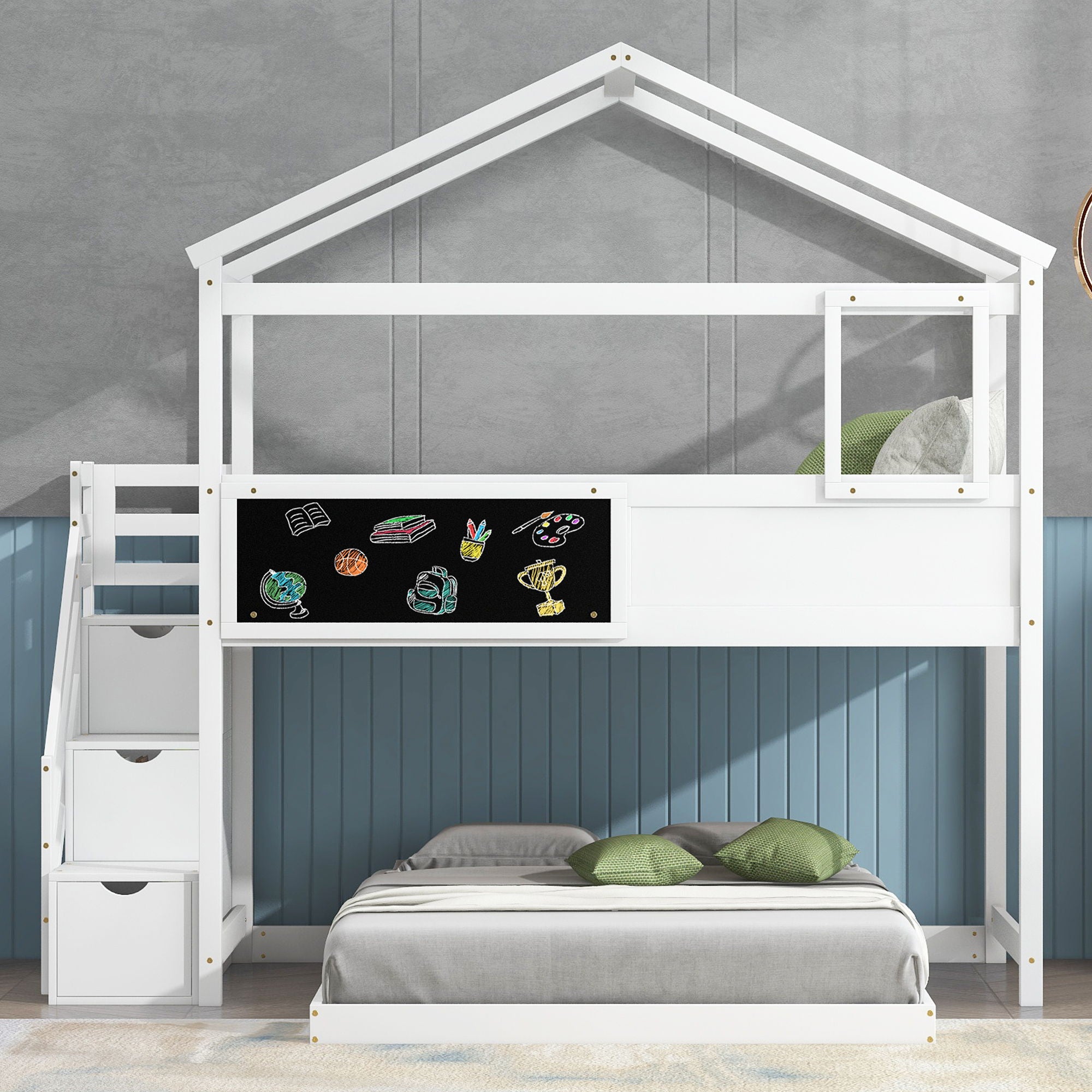 House Style Bunk Bed With Storage Staircase And Blackboard