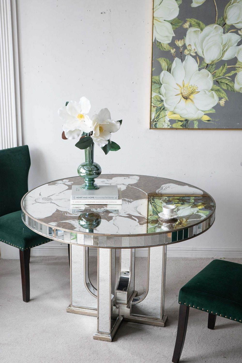 Round Dining Table With Elegant Floral Design And Mirrored - Silver Multi