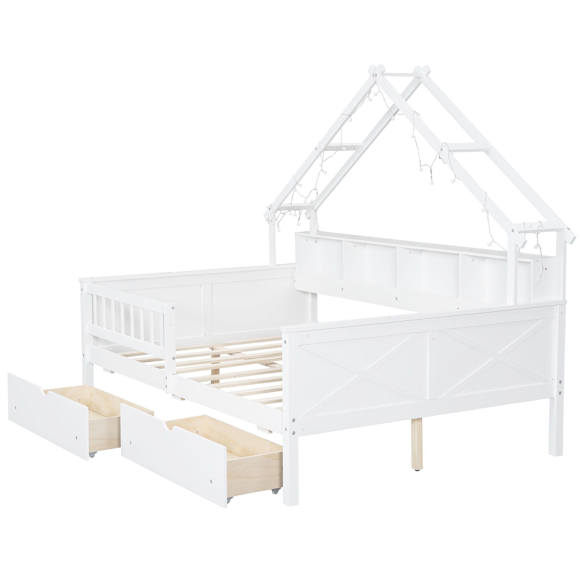 House Style Platform Bed With LED Lights, Storage Shelves, Drawers, And Guardrail