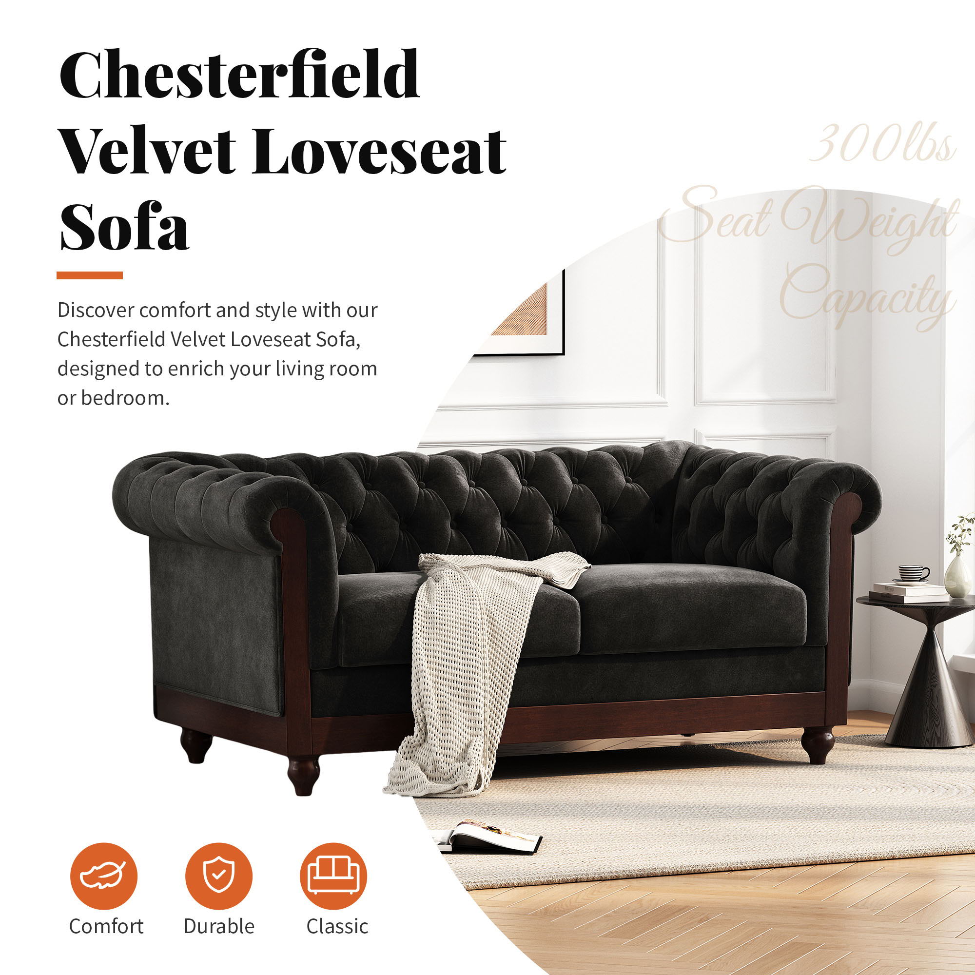 Chesterfield Velvet Loveseat Sofa, 2 Person Rolled Arm Upholstered Couch
