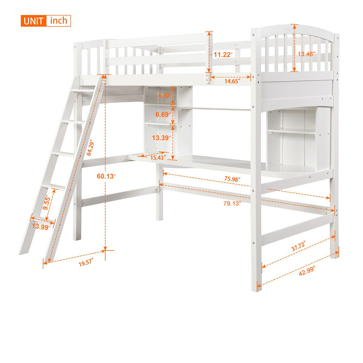 Loft Bed With Storage Shelves, Desk And Ladder