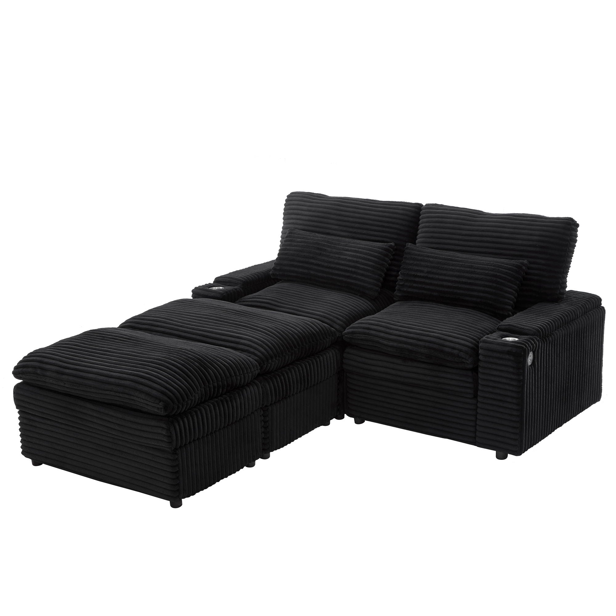 Convertible Loveseat Sofa With Storage, USB Ports, Cup Holders - Black
