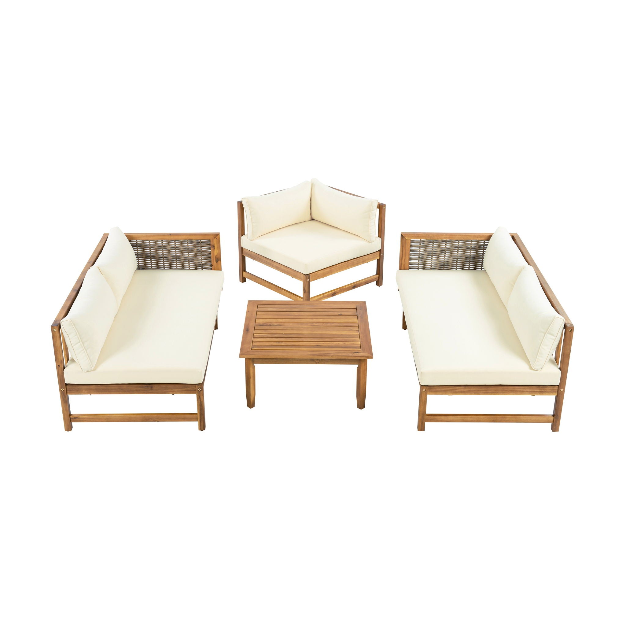 Premium Outdoor Sofa Set With Waterproof Cushions Sectional Seating Group With Acacia Wood And Wicker - Brown Mix / Beige