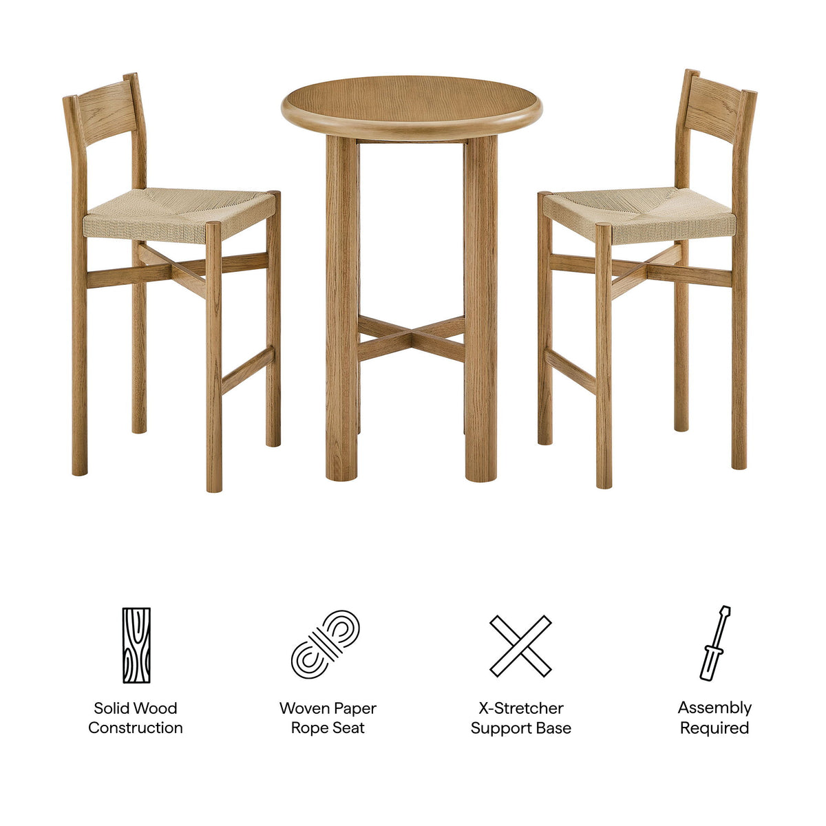Alvia 3-Piece Round Oak Wood Bar Table With Bar Stools Set by Modway