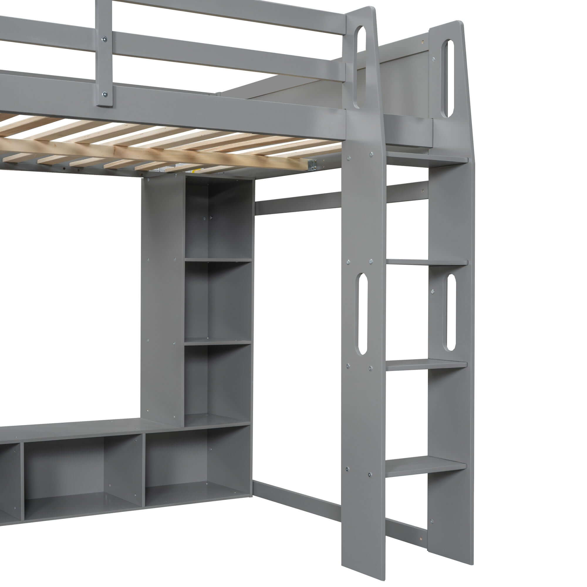 Full Size Gaming Loft Bed With Desk, Multi Storage Shelves, LED Lighting, And Hanging Clothes Rack - Gray