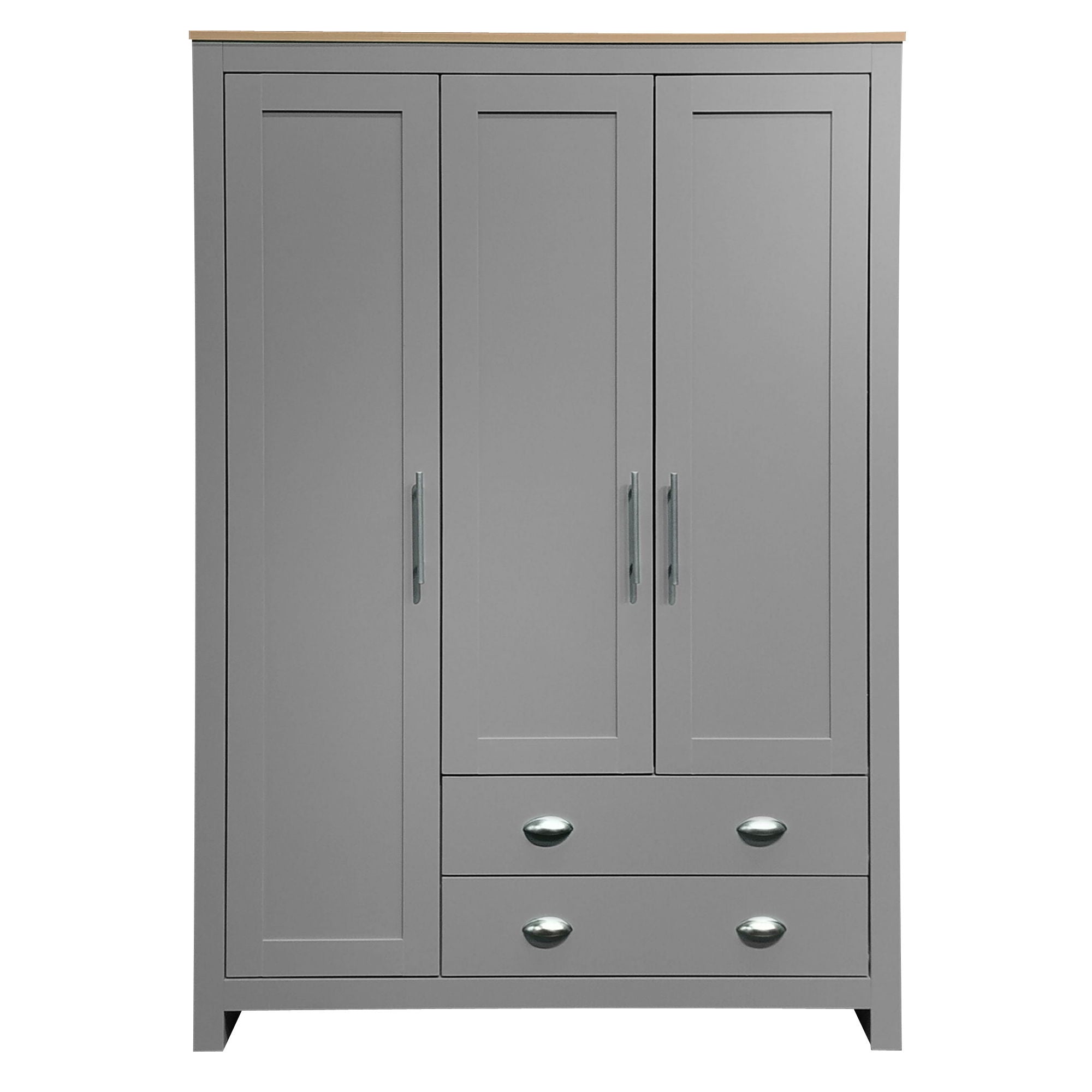 3 Door Storage Wardrobe With Cabinets And 2 Hanging Rods - Gray