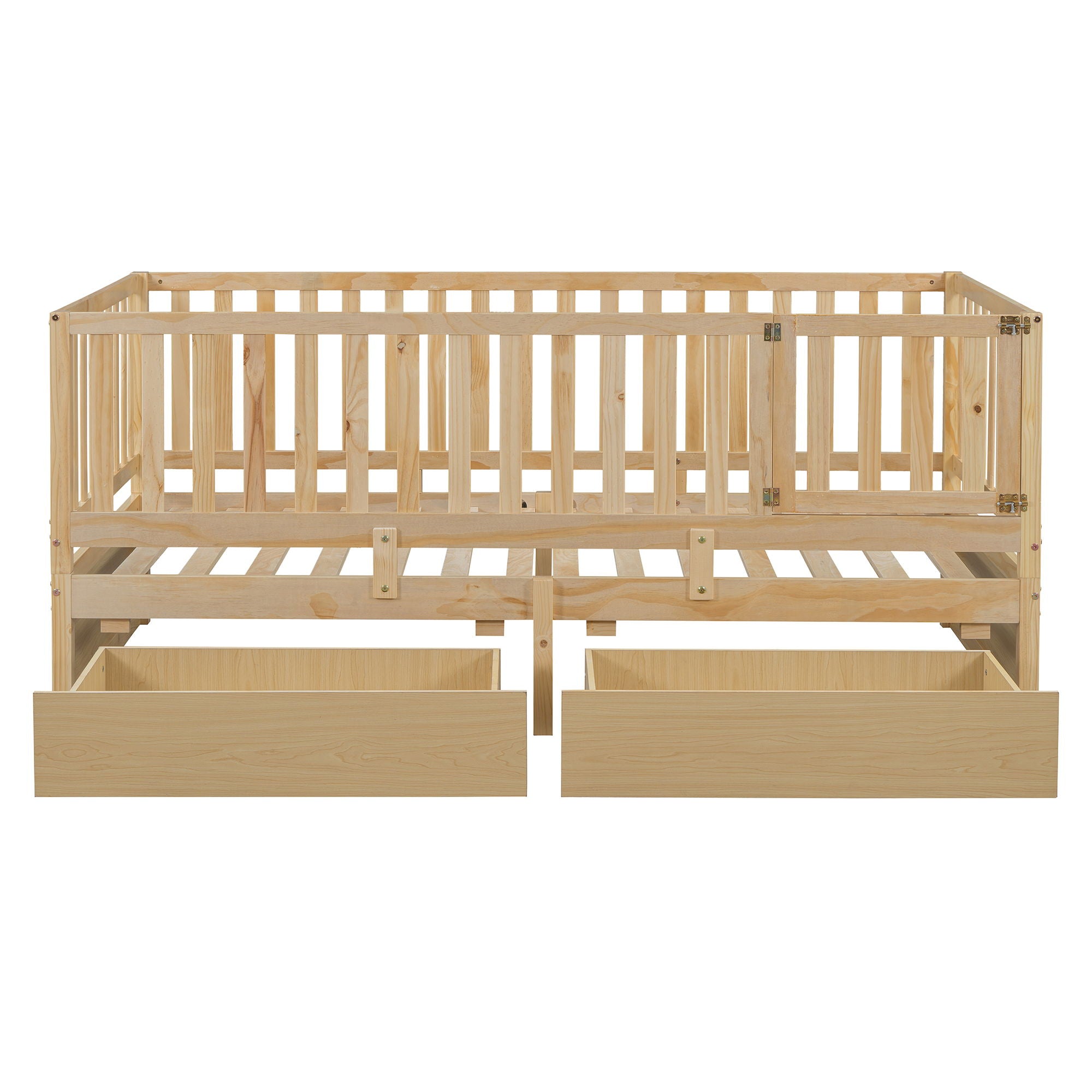 Daybed With Fence Guardrails And 2 Drawers, Split Into Independent Floor Bed & Daybed