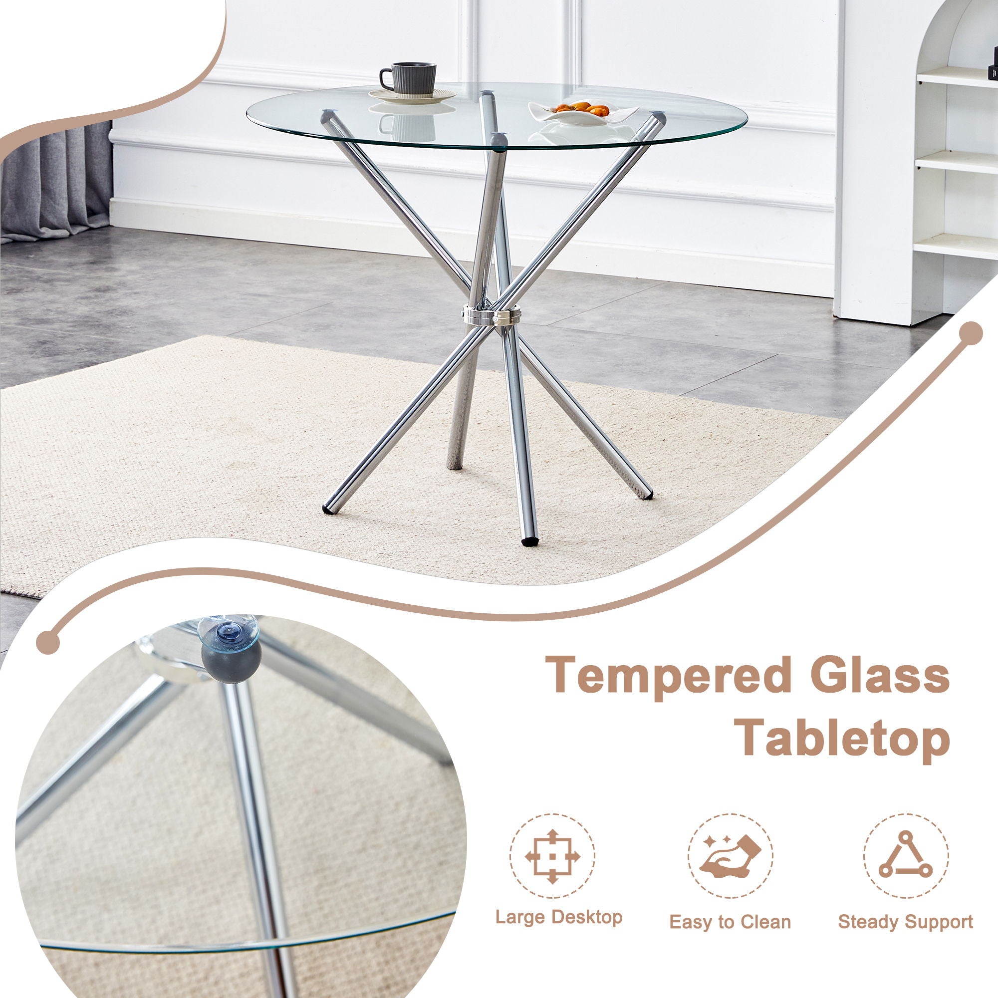 Modern Round Clear Glass Dining Table With Unique Metal Legs For 4 6 People - Silver