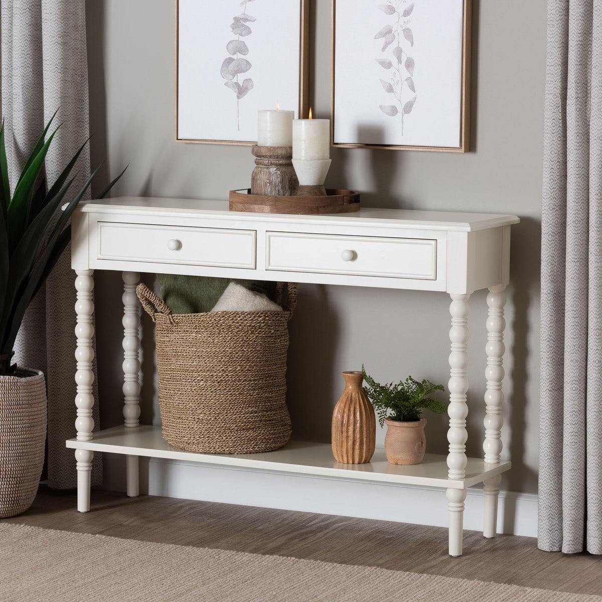 Malinda Classic White Wood 2-Drawer Console Table with Spindle Legs