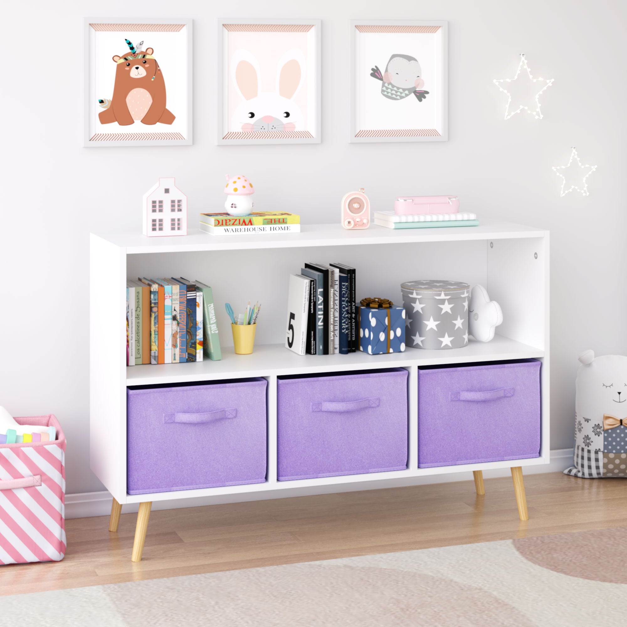 Bookcase With Collapsible Drawers, Book Display Organizer