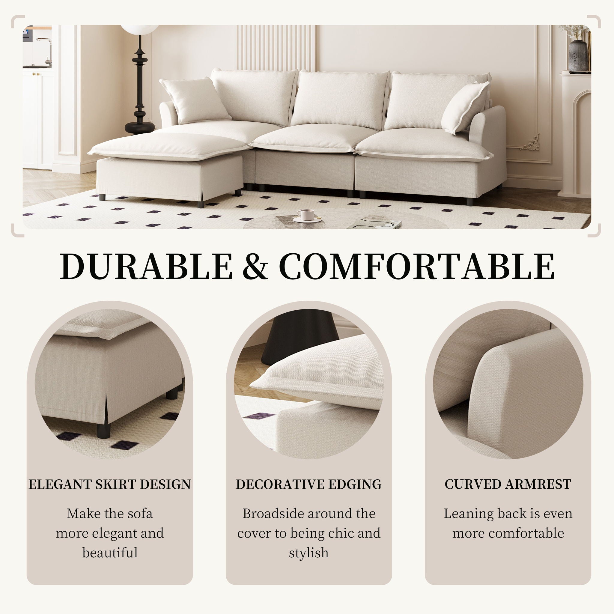 Sectional Sofa With Ottoman Cloud Couch Set With Throw Pillows, Free Combination