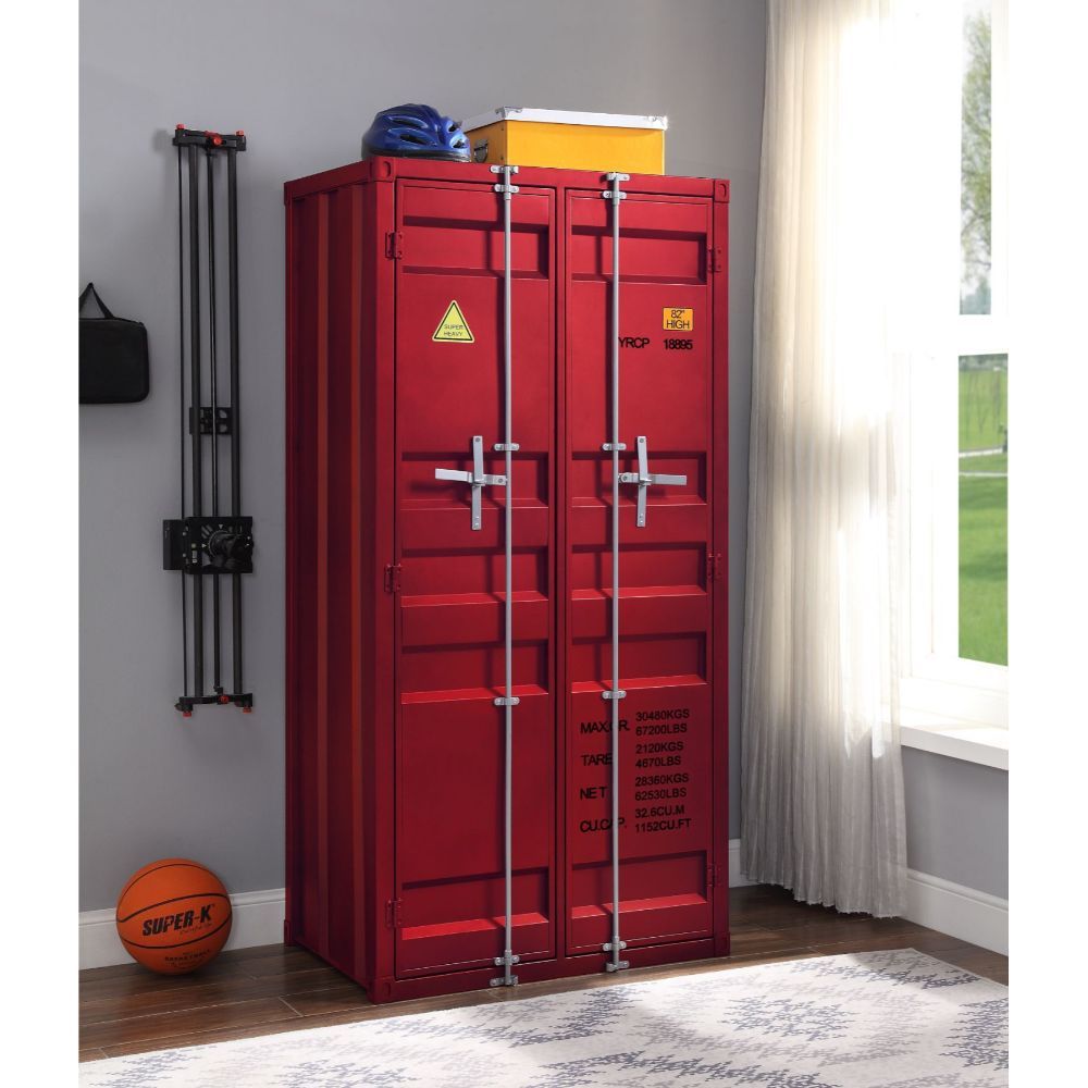 ACME The Cargo Wardrobe is an excellent addition for storage in any bedroom, garage, or even in an off-site storage unit. This functional piece is created from iron metal and includes two front doors with a rod for hanging clothes and five open compartmen