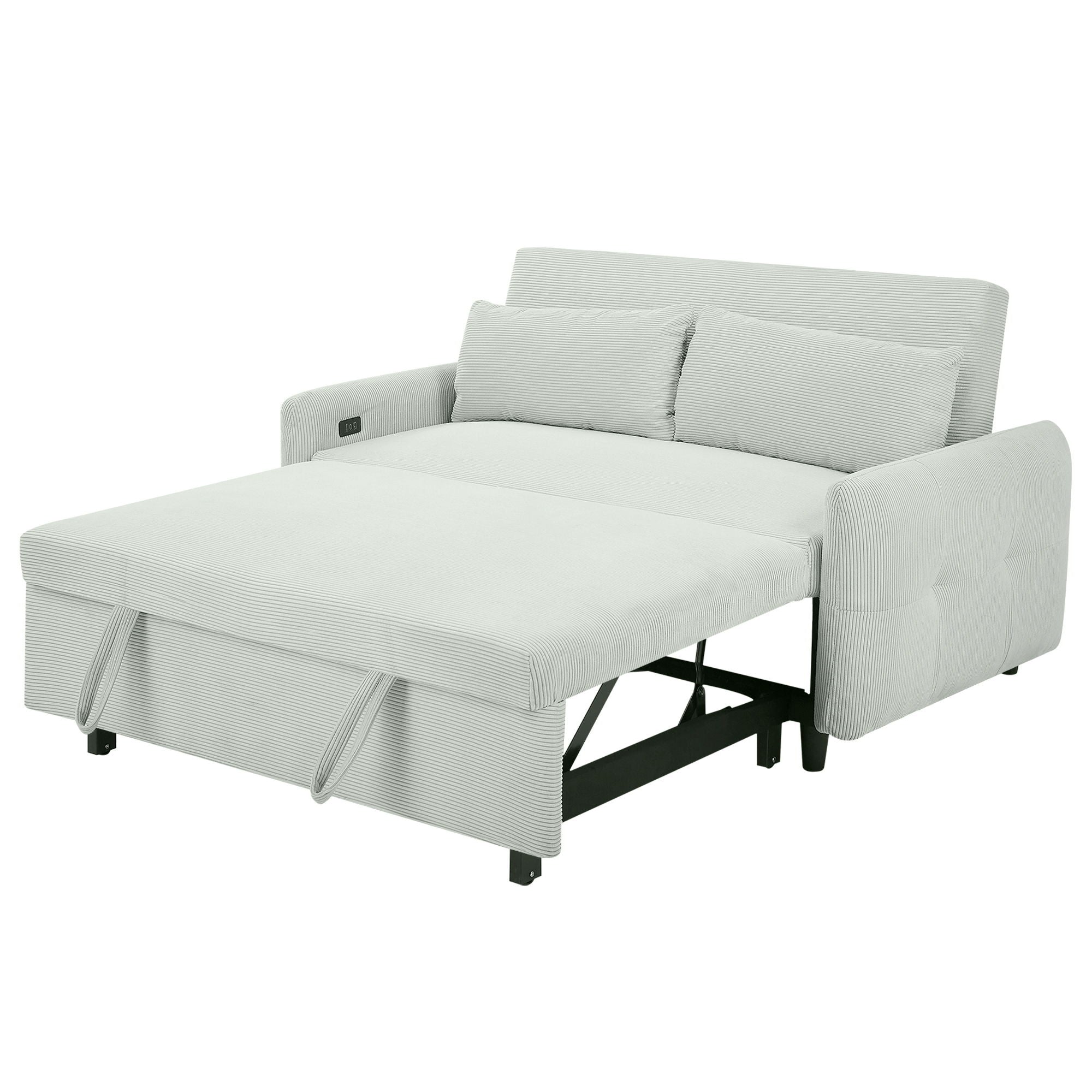 Pull-Out 2 Seat Modern Sleeper Sofa With 2 Throw Pillows And USB Ports