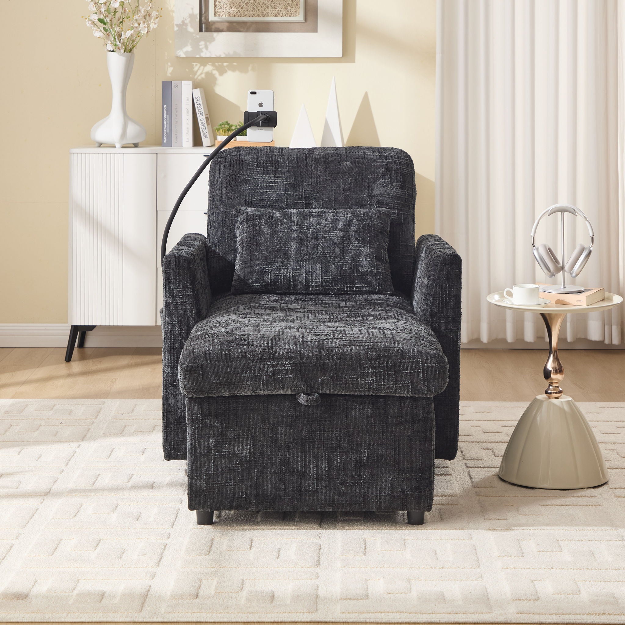 Multifunctional Chenille Recliner Sofa With Storage And Phone Bracket