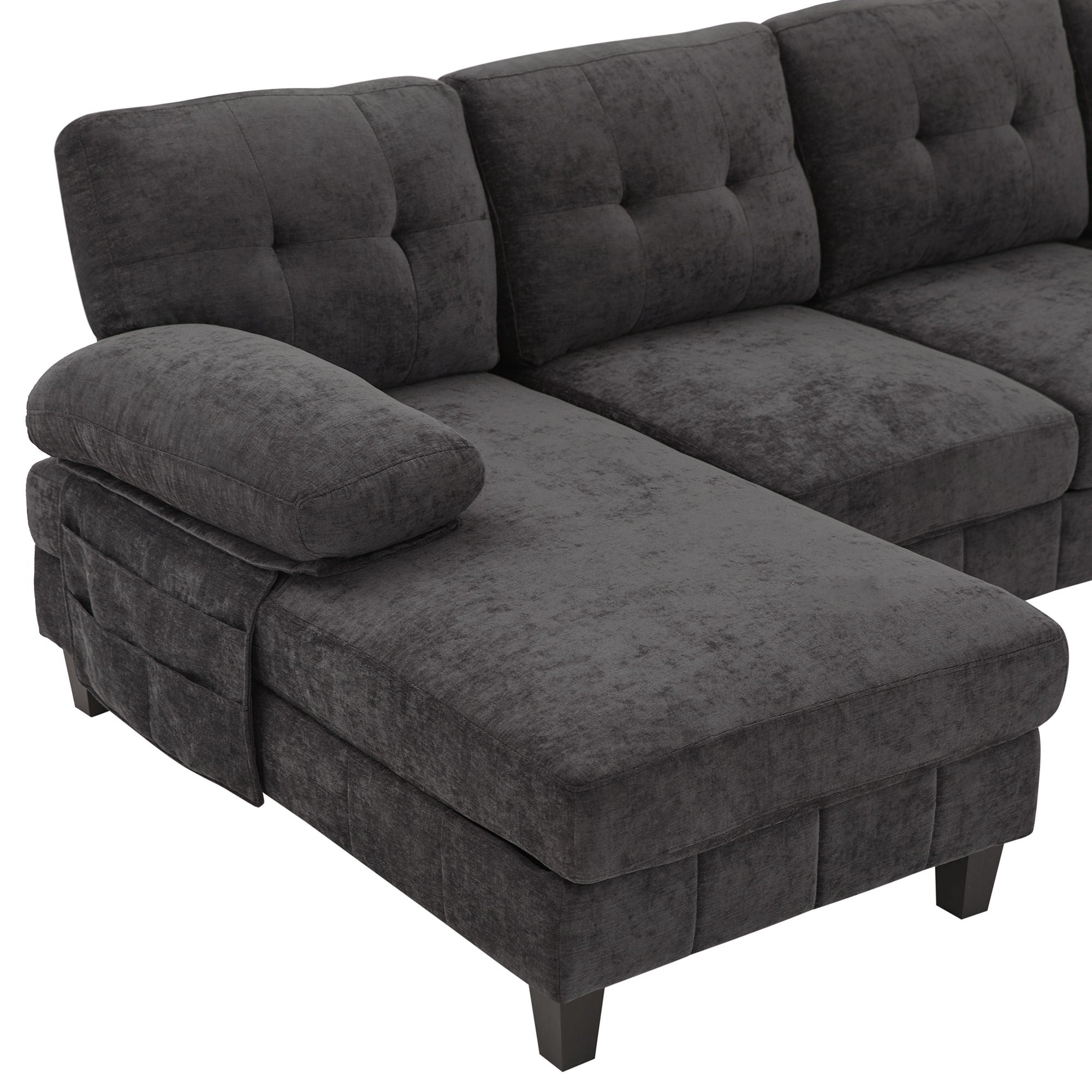 U-Shaped Sectional Sofa 103.5" Black Chenille Fabric Couch With Dual Chaise Lounges, Storage Pockets, Armrest Pillows