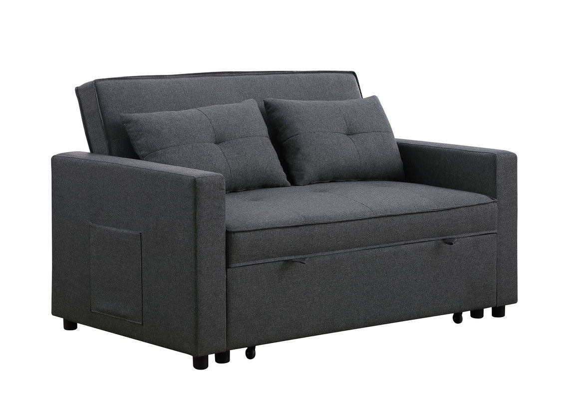 Zoey 56"W Dark Gray Linen Convertible Sleeper Loveseat with Side Pocket