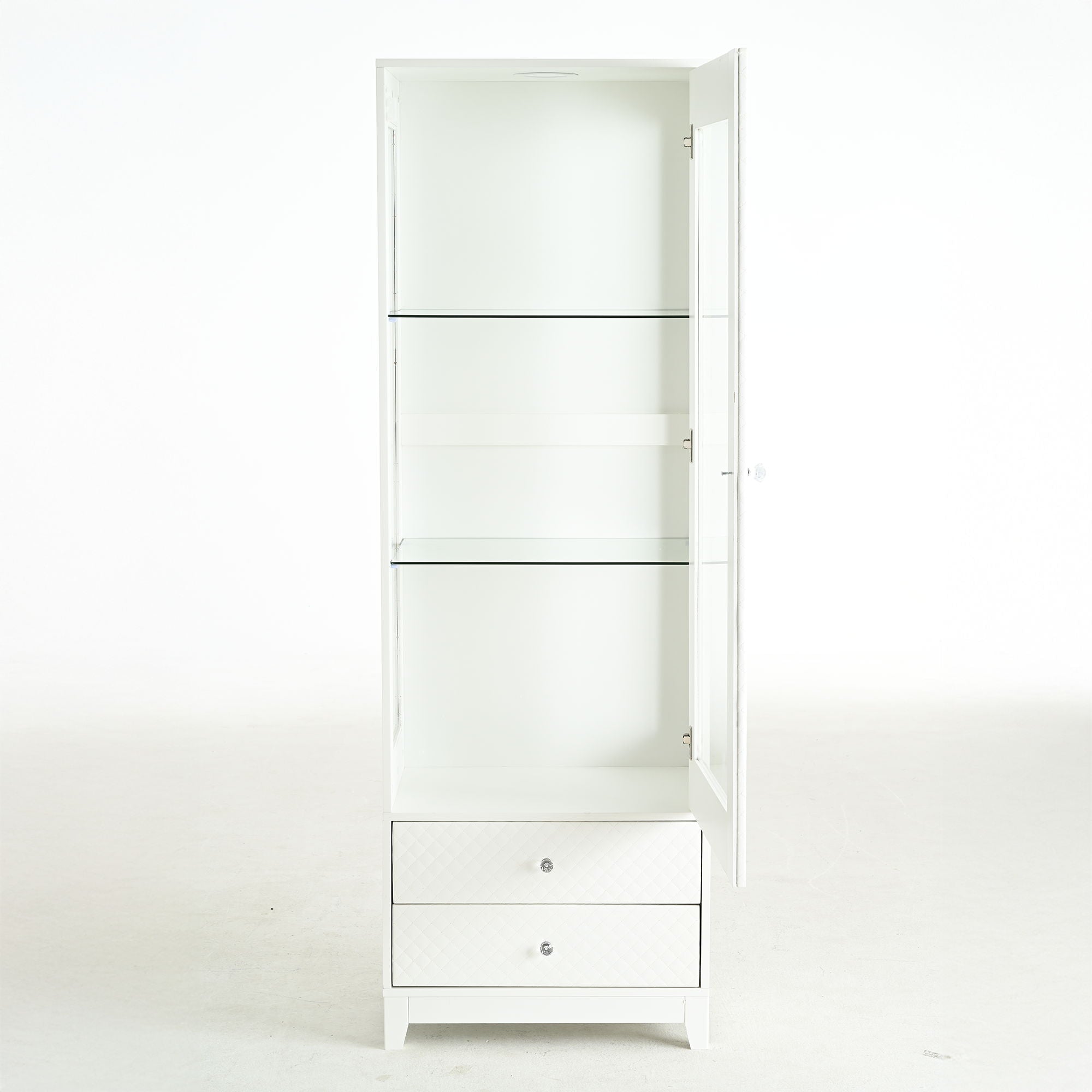 Modern Upholstered Glass Display Cabinet With Adjustable LED Light - White