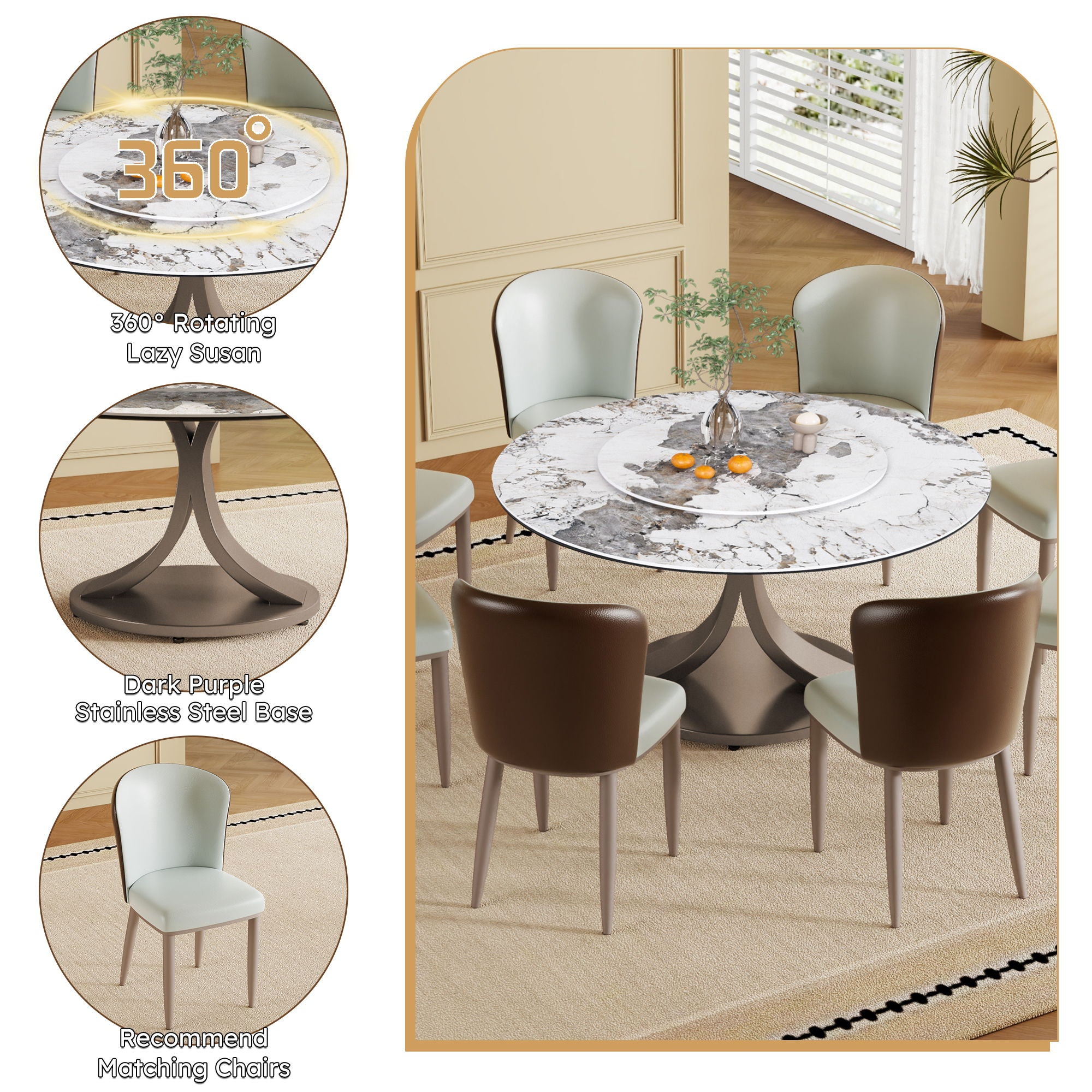 Round Dining Table With 360° Rotating Lazy Susan Scratch & Heat - Dark Purple / White