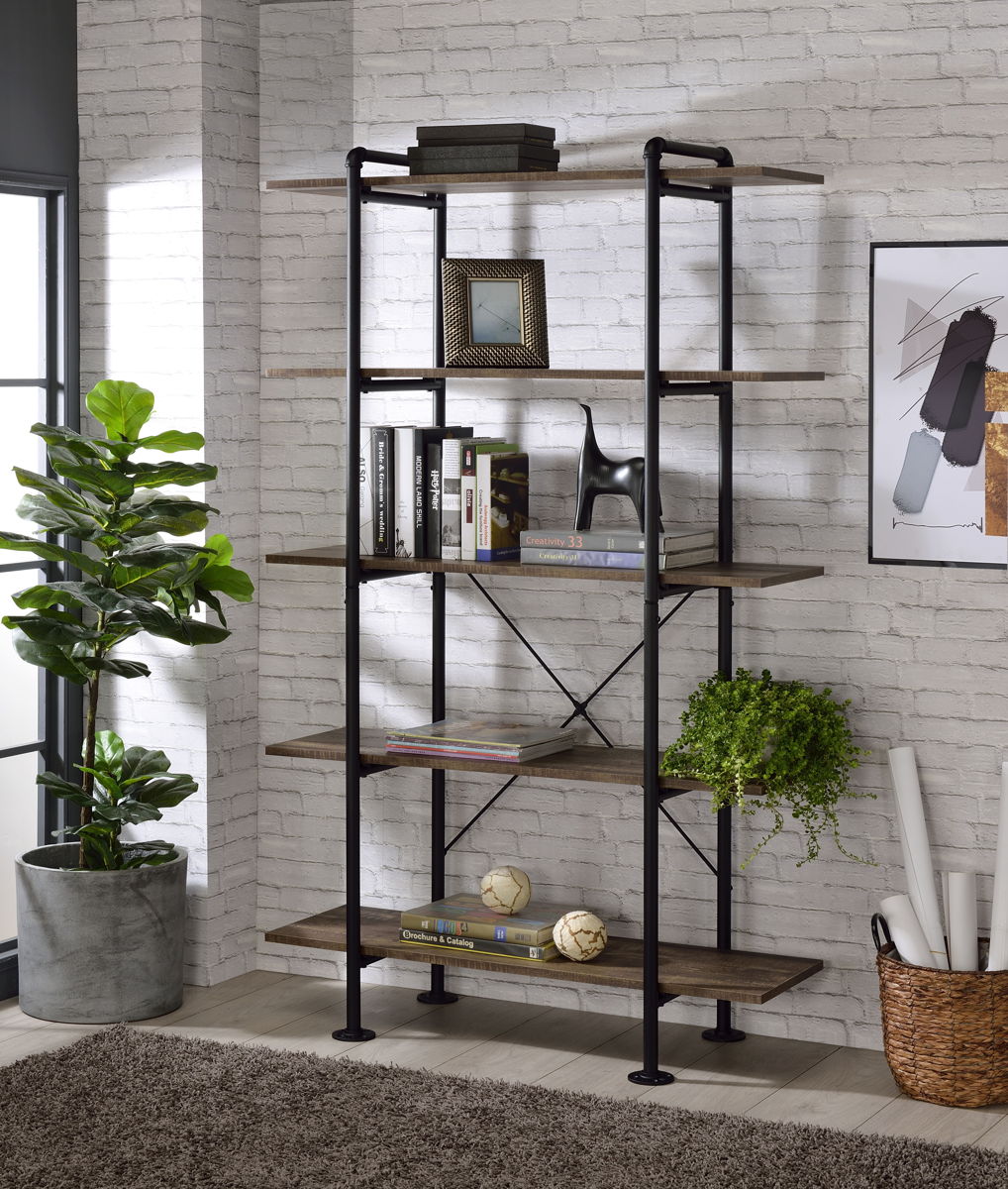 ACME Nefo - Bookshelf - Rustic Oak & Black Finish | Meri Furniture