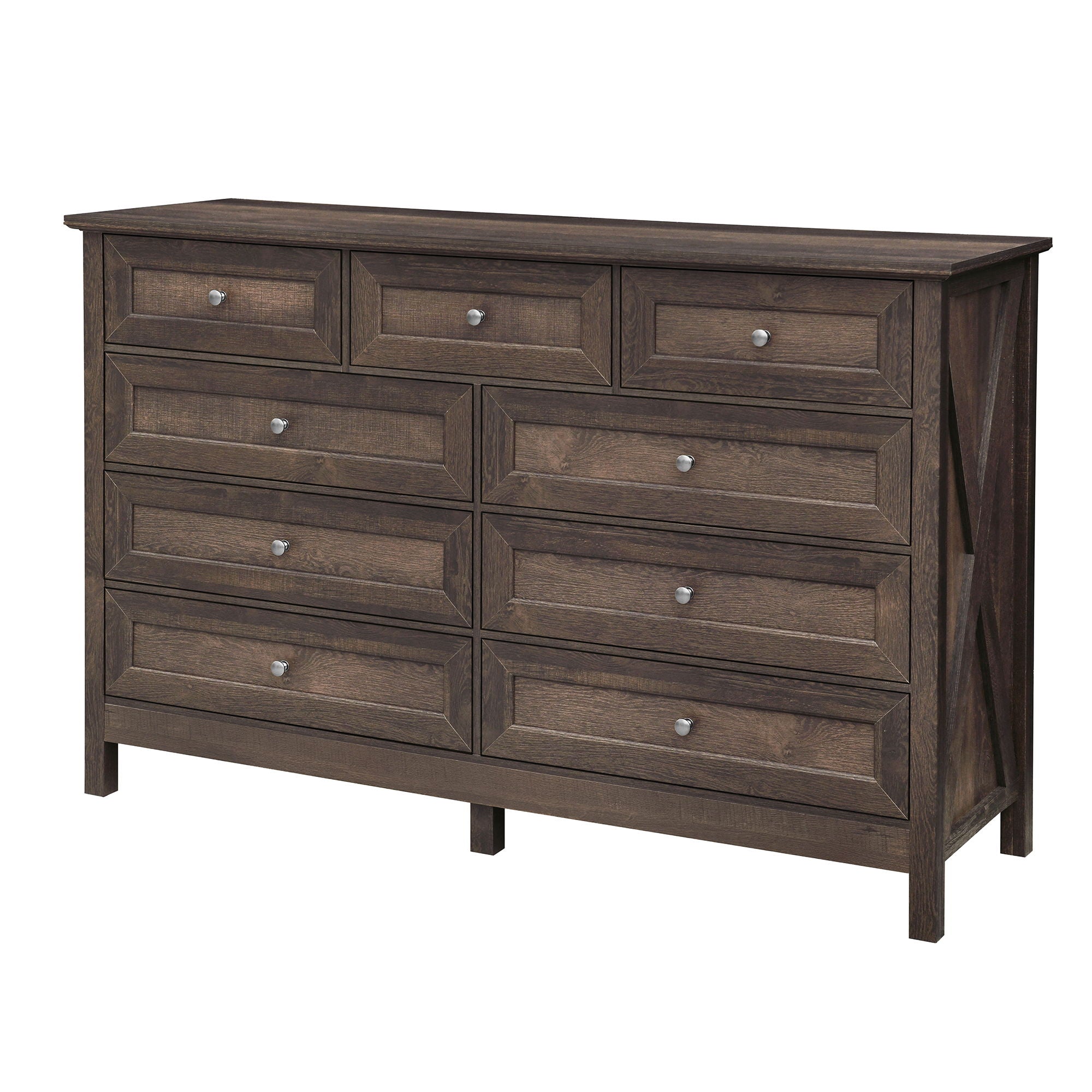 Rustic Storage Dresser With 9 Drawers And Silver Handle