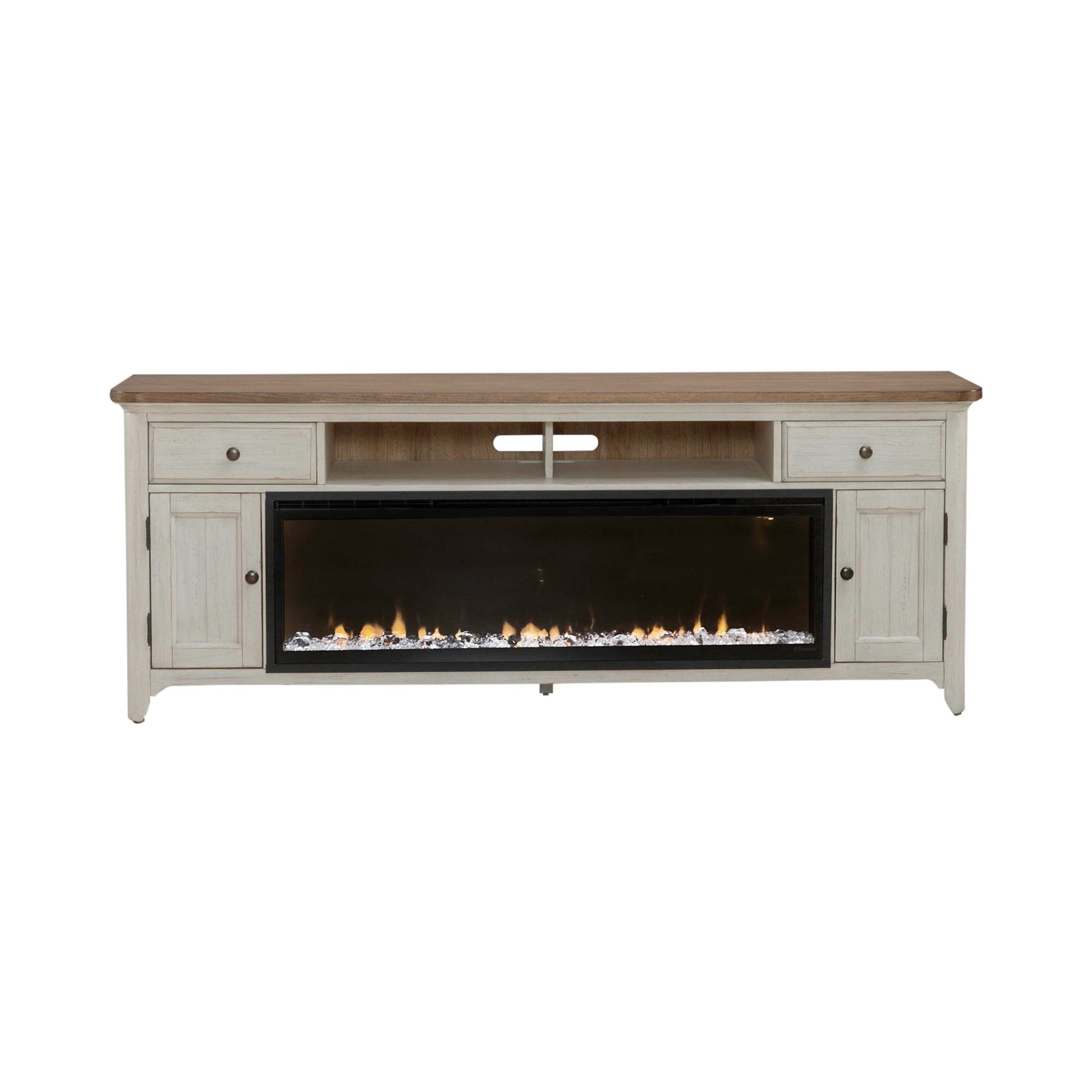 Liberty Furniture 79" Console With Fire - Medium Brown | Meri Furniture
