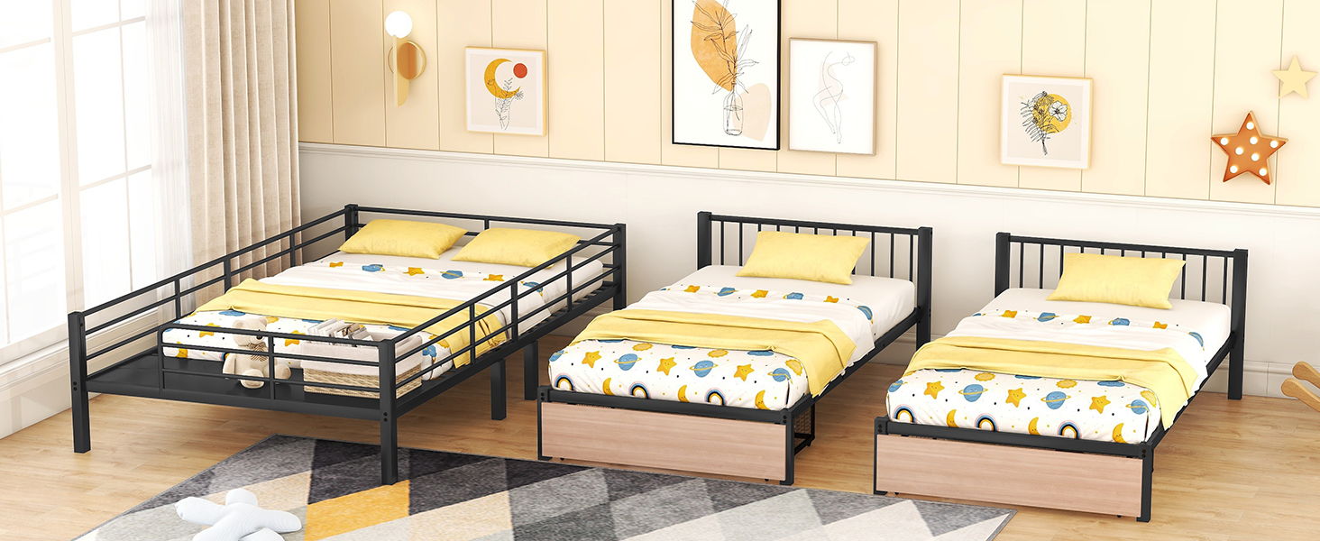 Triple Bunk Bed With Drawers, Multi-Functional Frame With Desks And Shelves In The Middle